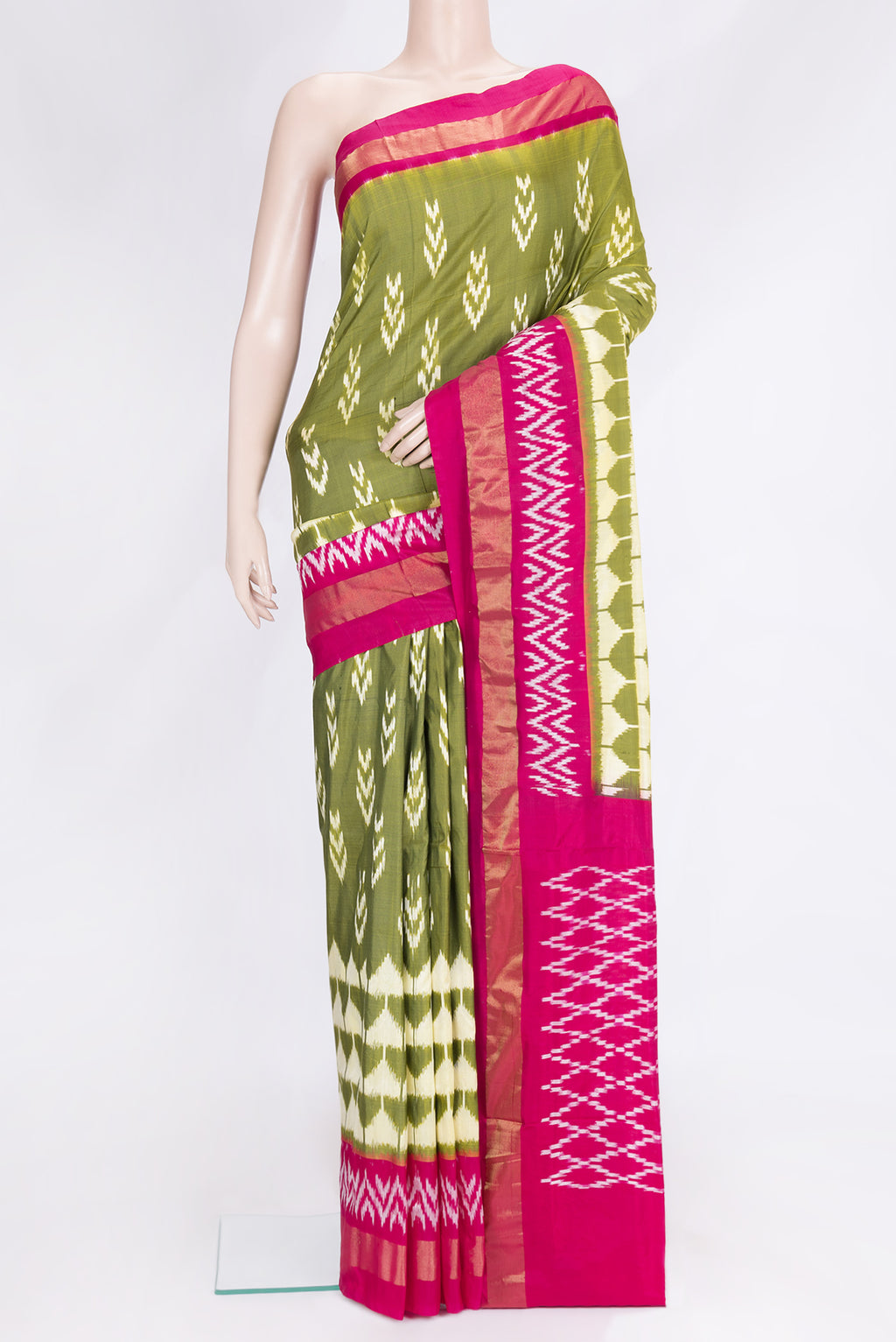 Mehandi Green Dual Tone Double Ikat Saree with Ikat Print on the body and Ikat Border.  displayed on a mannequin