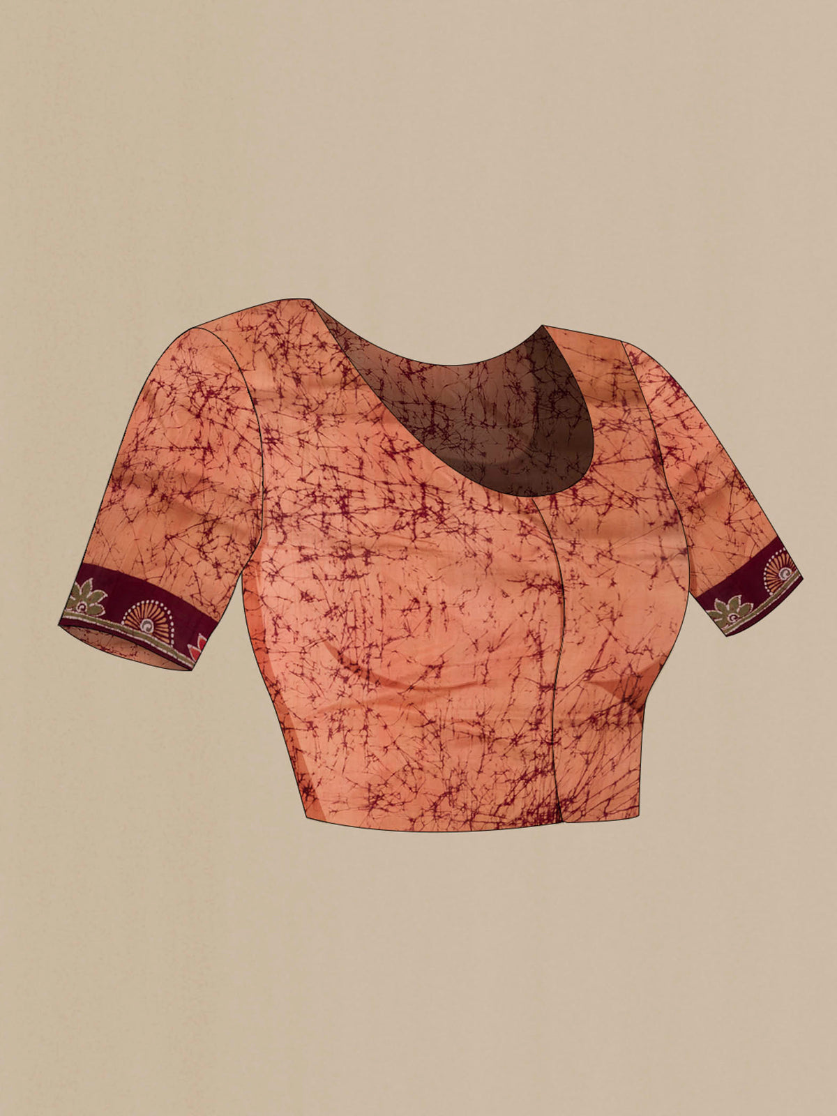 Close up image of the blouse of Orange Printed Silk Saree with Batik Print on the body and Printed Border