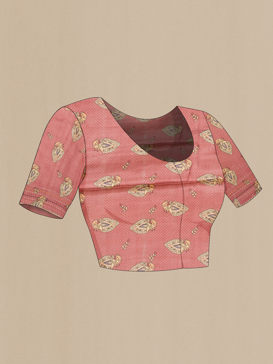 Close up image of the blouse of Pink Dual Tone Tussar Silk Saree with Printed design on the body and Embroidery Border. 