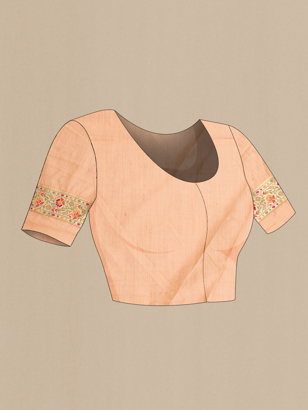 Close up image of the blouse of Golden Peach Dual Tone Blended Banarasi Silk Saree with Zari Brocade on the body and Fancy Border. 