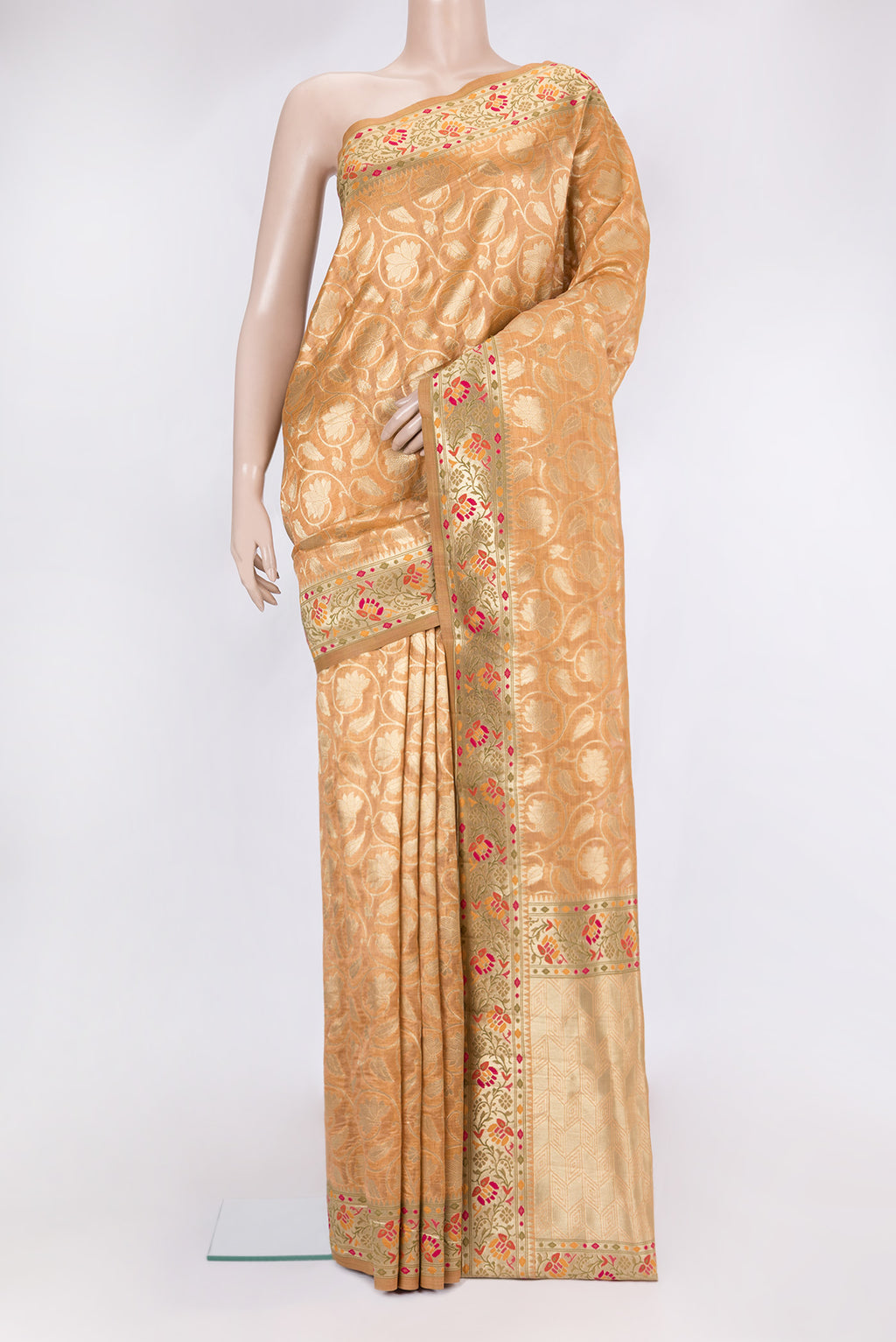 Golden Peach Dual Tone Blended Banarasi Silk Saree with Zari Brocade on the body and Fancy Border.  displayed on a mannequin