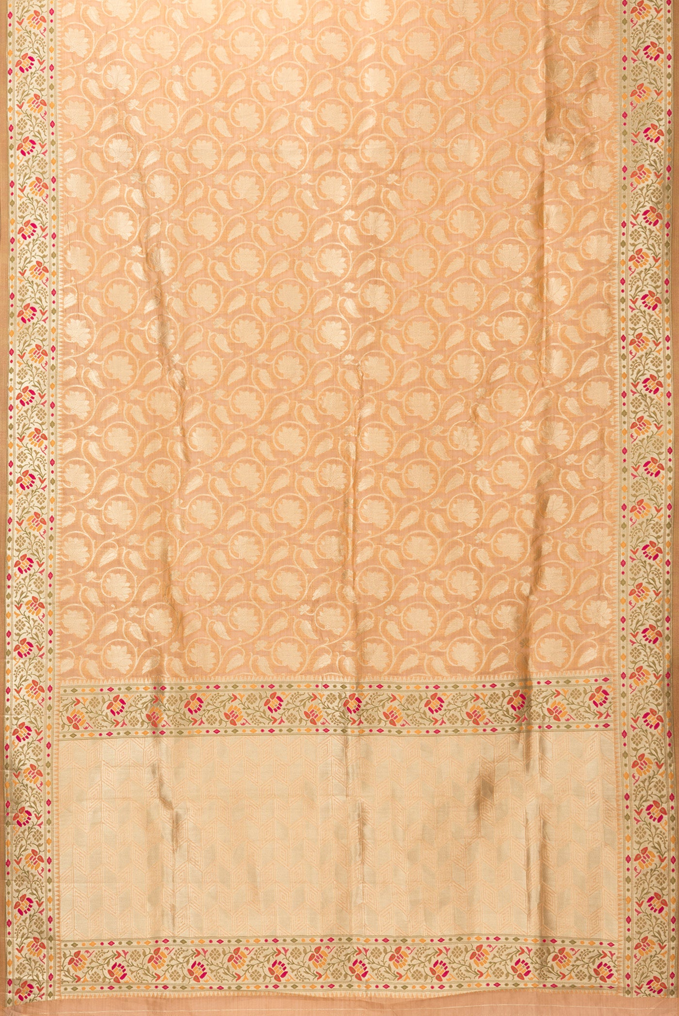 Flat view of Golden Peach Dual Tone Blended Banarasi Silk Saree with Zari Brocade on the body and Fancy Border. 