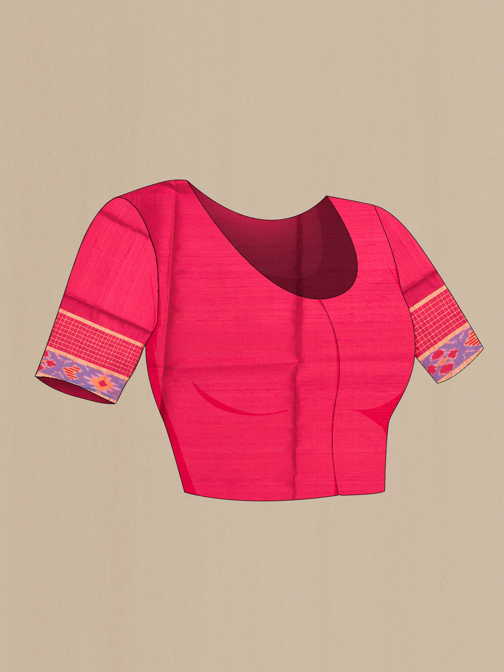 Close up image of the blouse of Sandal Dual Tone Raw Silk Saree with Plain Body and Ikat Border. 