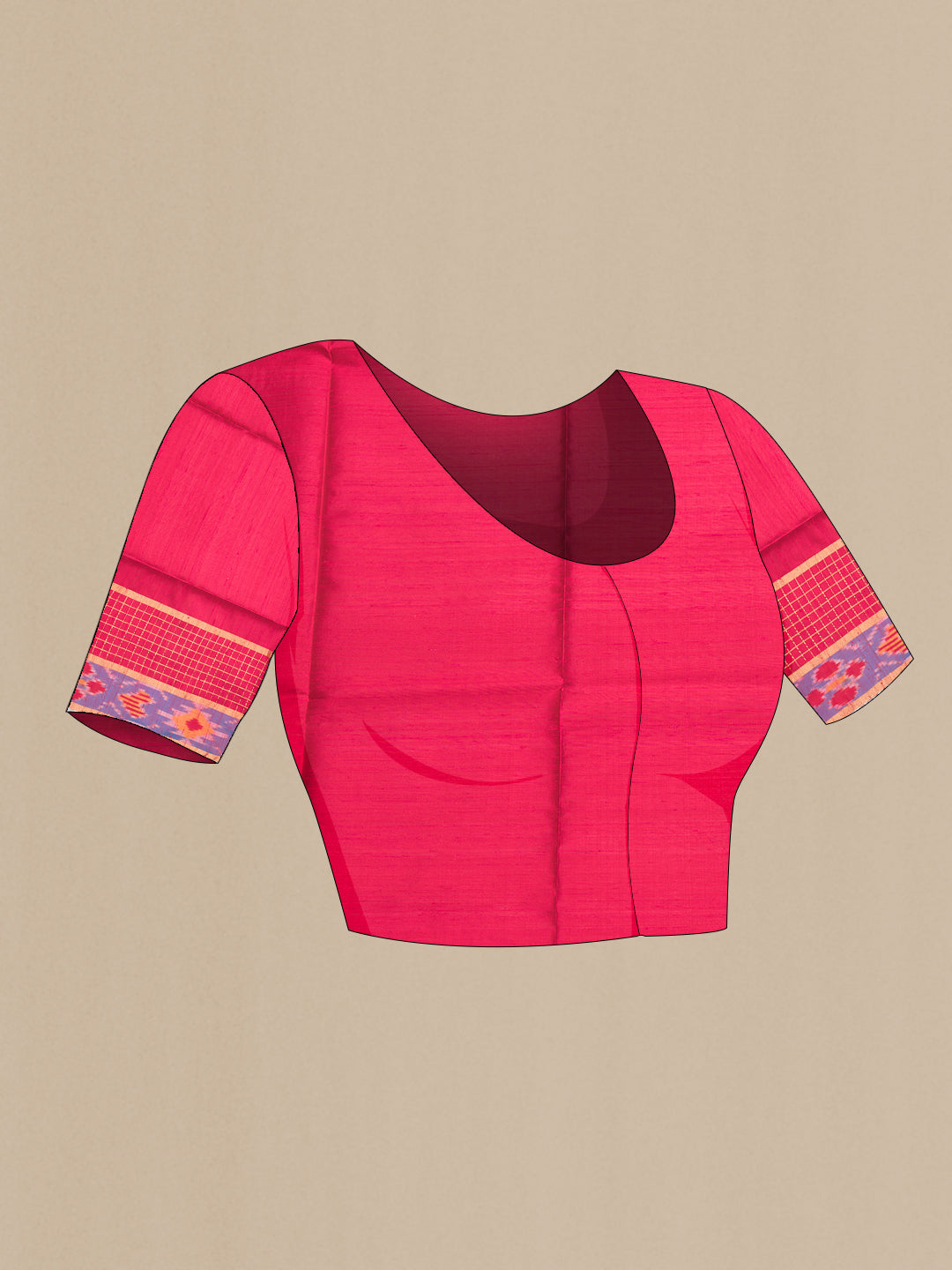 Close up image of the blouse of Sandal Dual Tone Raw Silk Saree with Plain Body and Ikat Border. 