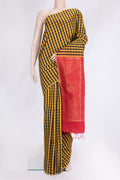 Black and Mustard Color Raw Silk Saree with Checked design on the body and Thin Zari Line.  displayed on a mannequin