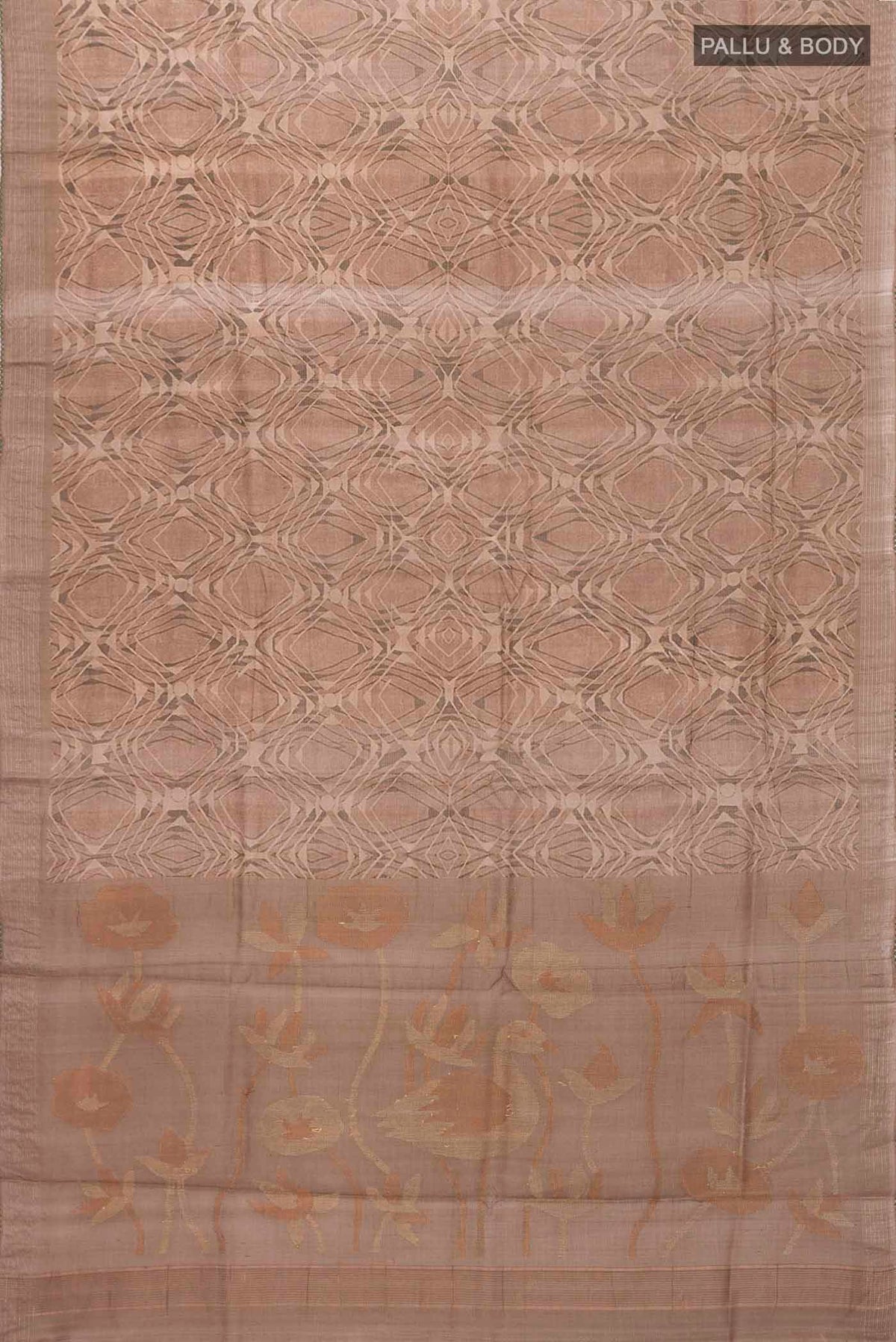Flat view of Dark Beige Tussar Silk Saree with Printed design on the body and Zari Border