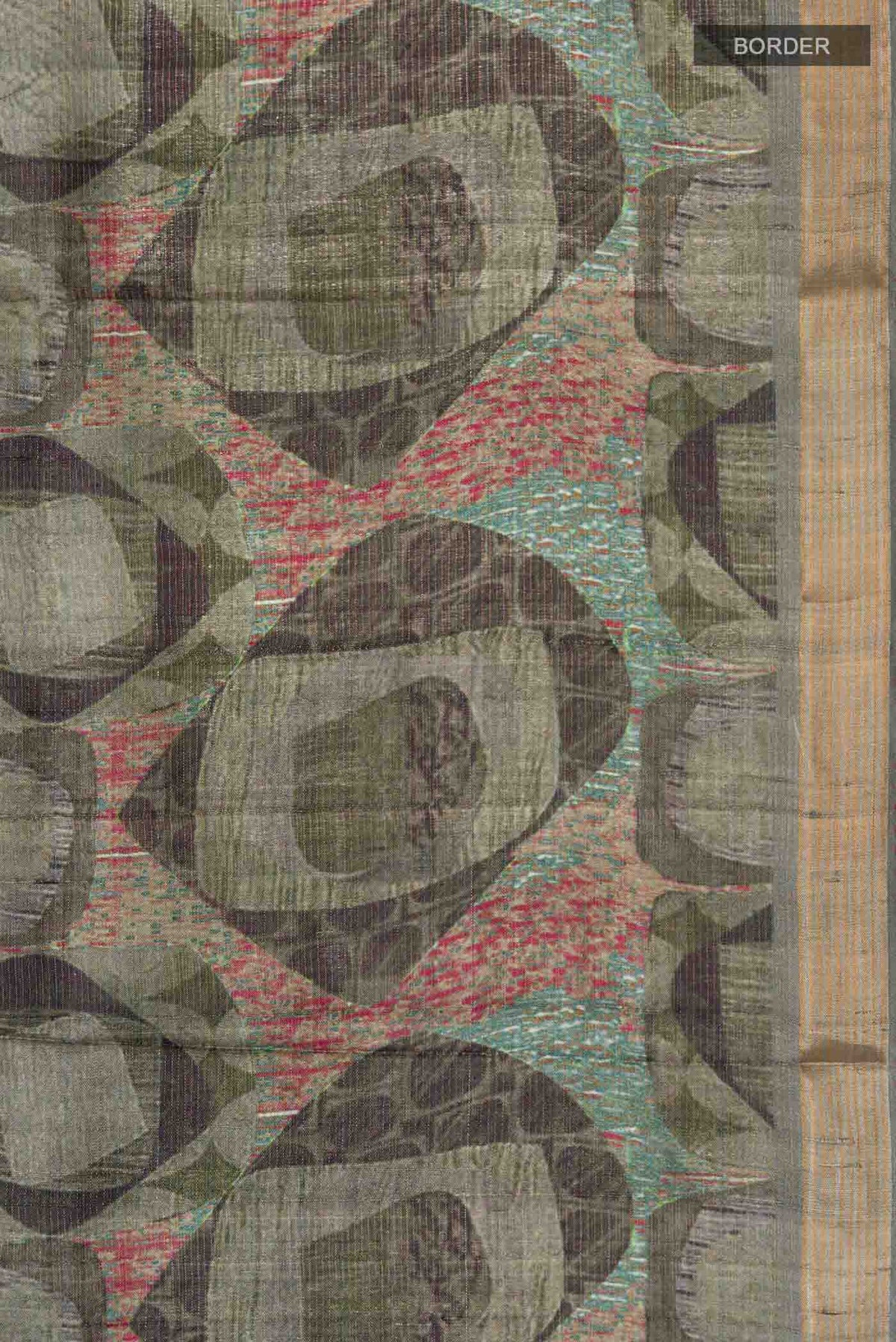 Border image of Green Tussar Silk SareePrinted design on the body and Zari Border