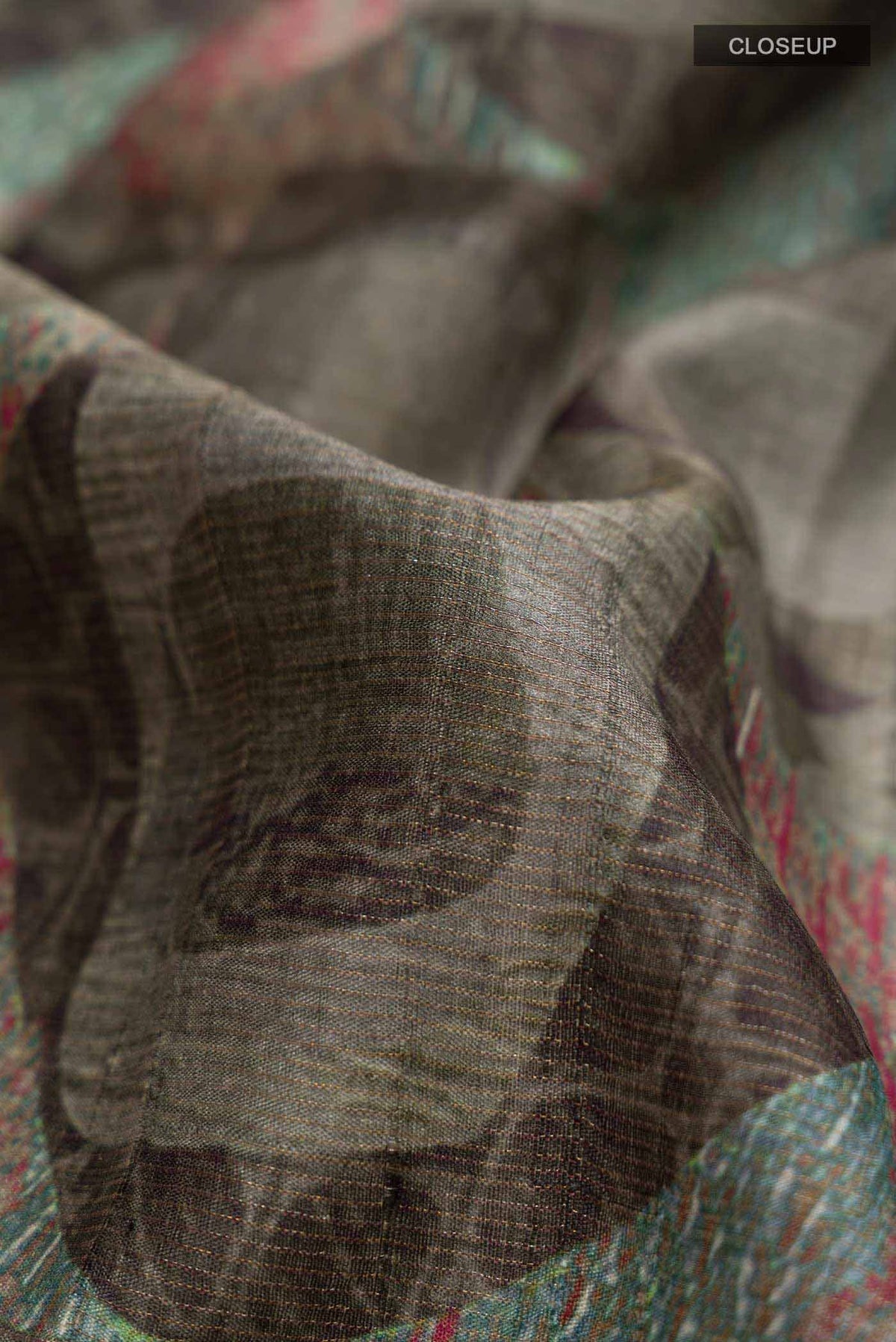 Close up of Green Tussar Silk SareePrinted design on the body and Zari Border displaying folds