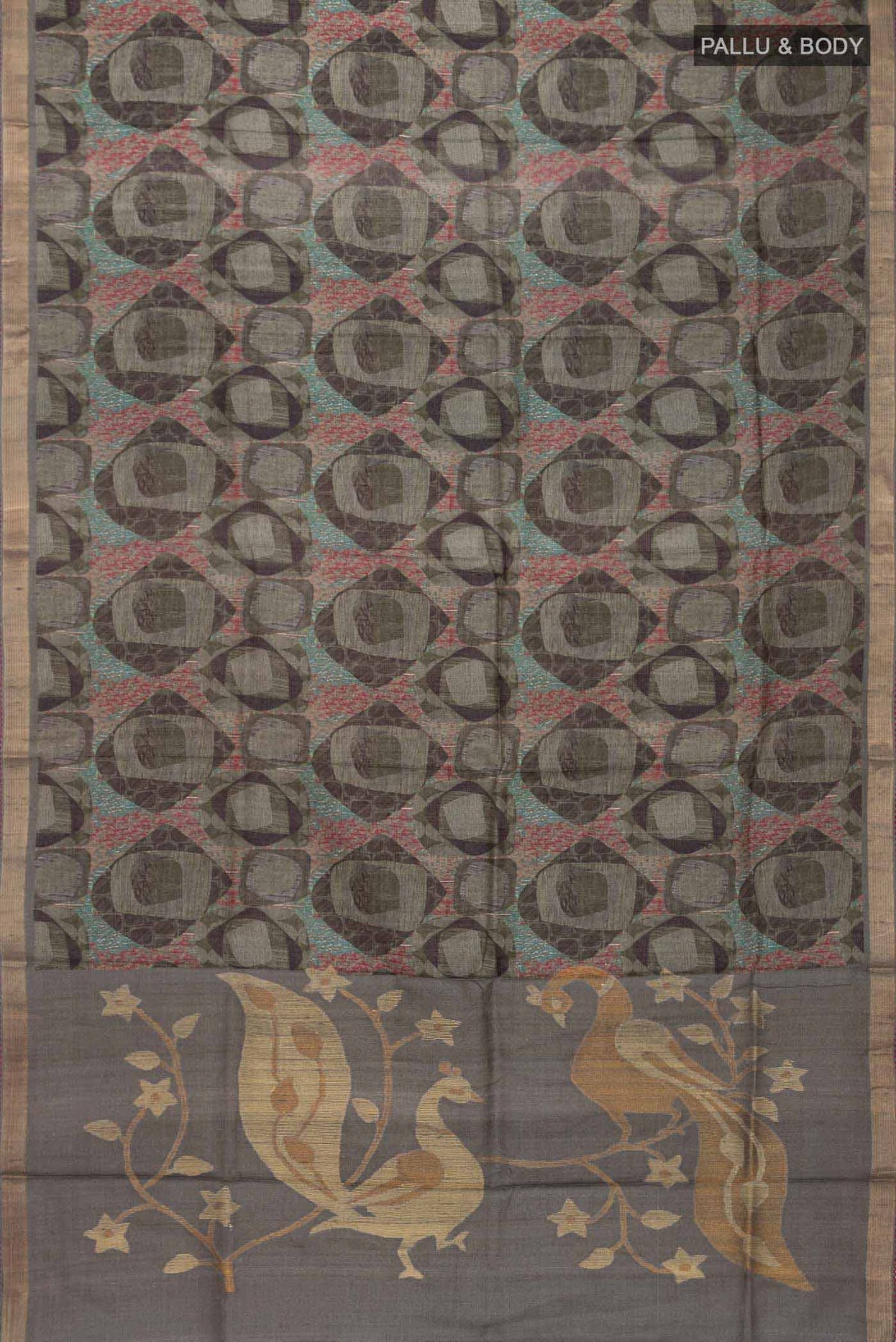 Flat view of Green Tussar Silk SareePrinted design on the body and Zari Border