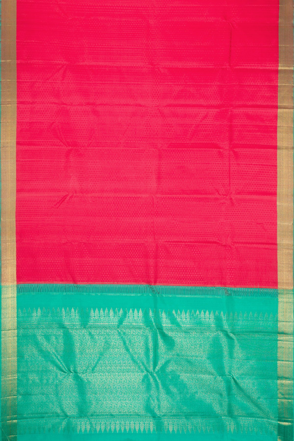 Flat view of Pure Silk Pure Zari Pink Dual Tone Kanjivaram Saree with Jacquard design on the body and Zari Border. 