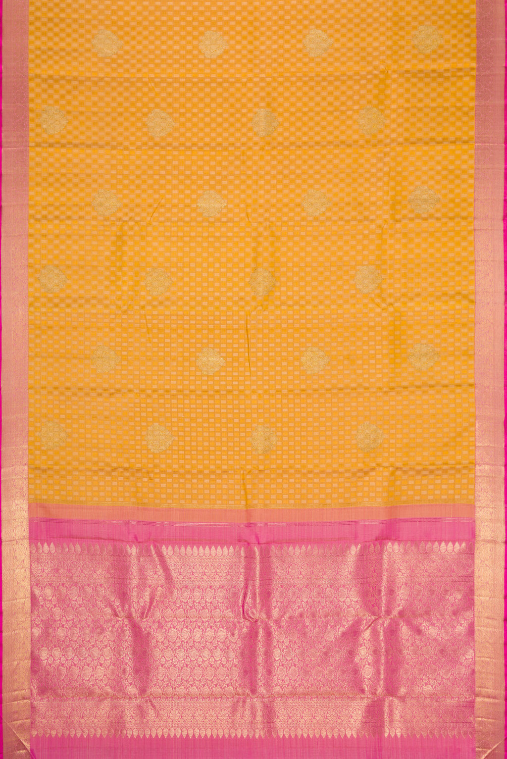 Flat view of Pure Silk Pure Zari Gold Dual Tone Kanjivaram Saree with Jacquard With Zari Butta on the body and Zari Border. 