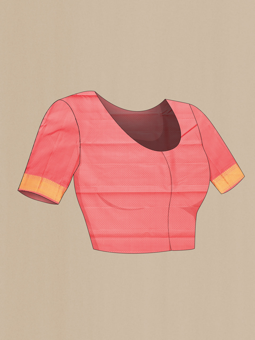 Close up image of the blouse of Peach Dual Tone Kanchipuram Silk Saree with Jacquard design on the body and Zari Border. 