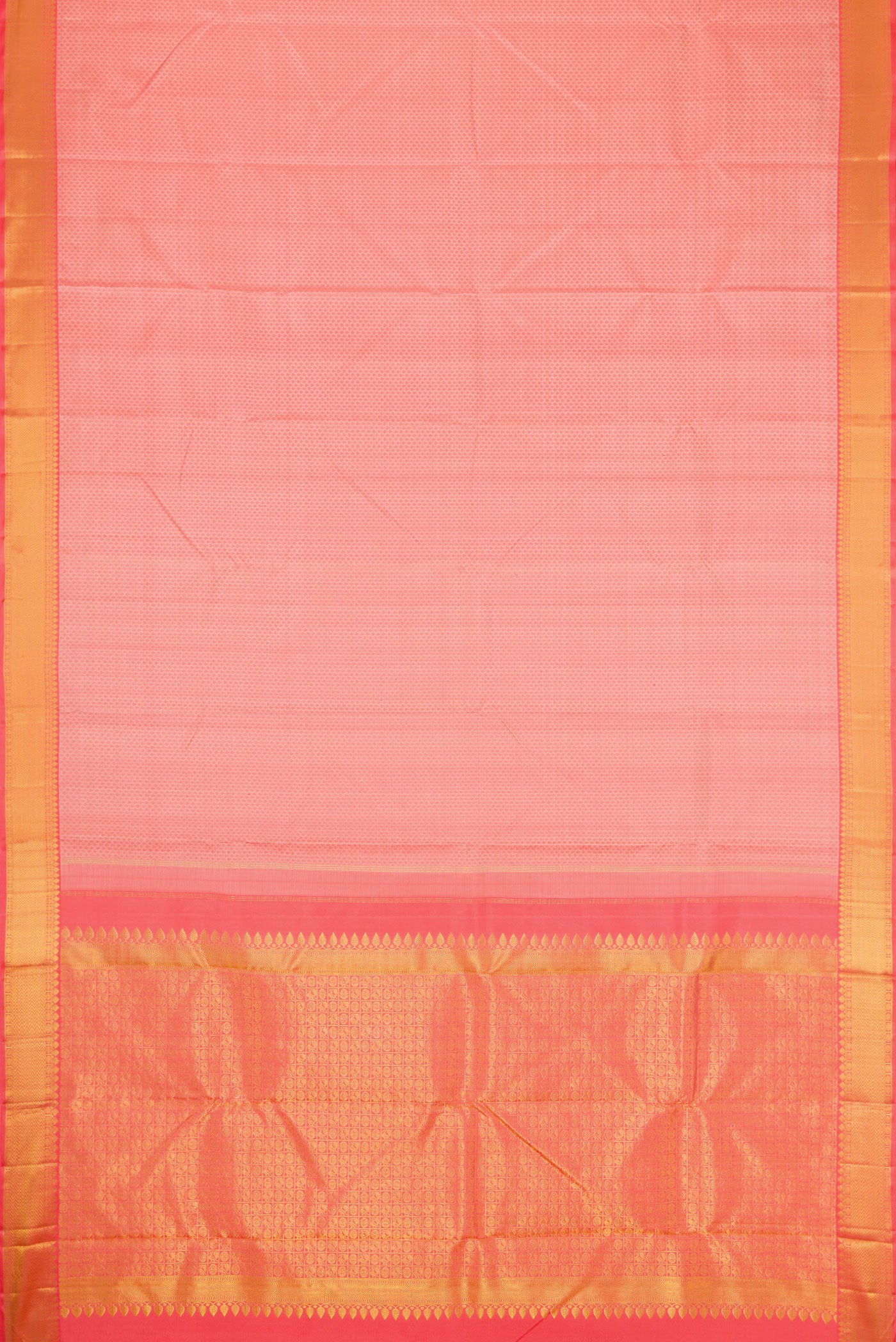 Flat view of Peach Dual Tone Kanchipuram Silk Saree with Jacquard design on the body and Zari Border. 