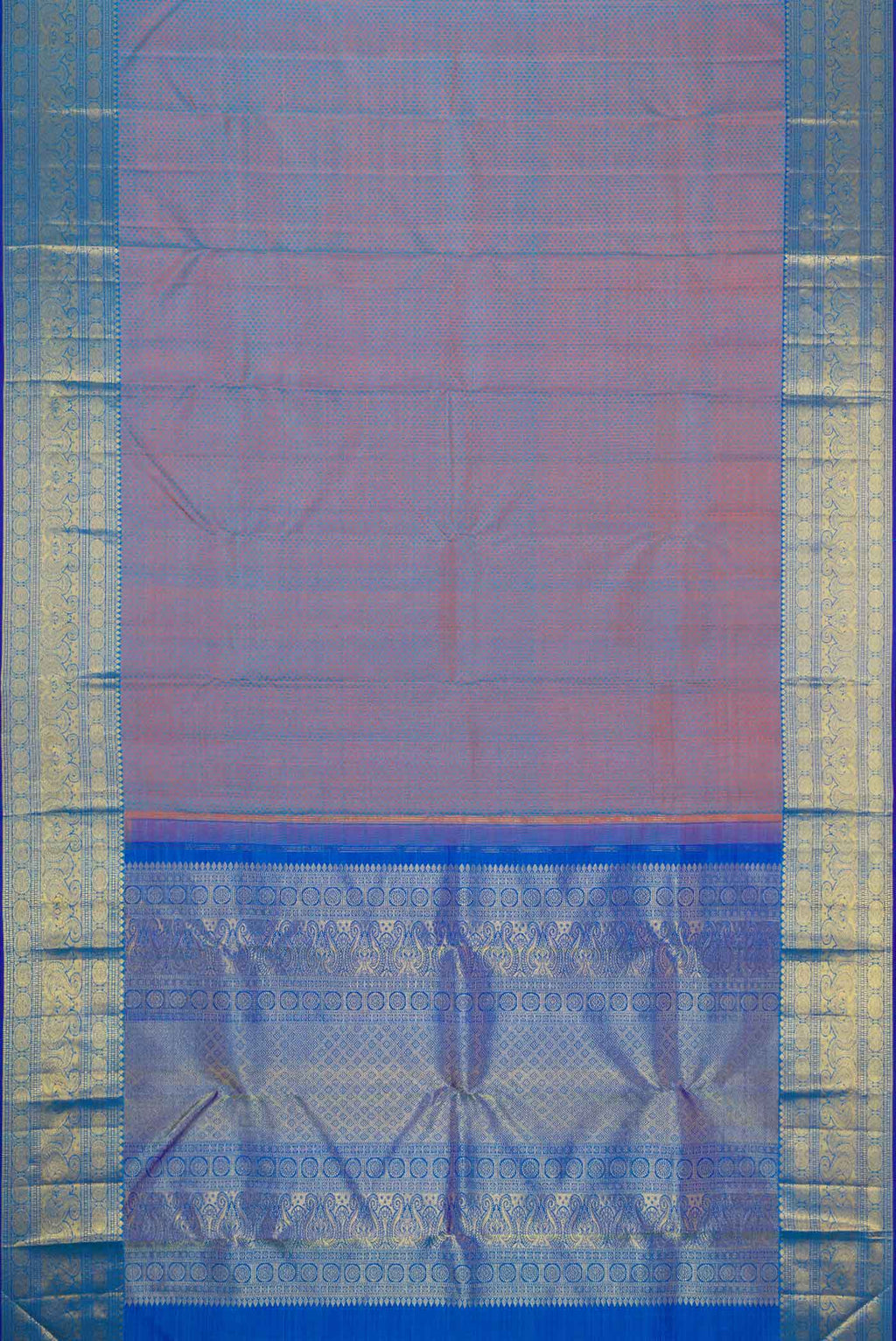 Flat view of Peacock Blue Dual Tone Kanchipuram Silk Saree with Jacquard design on the body and Zari Border. 