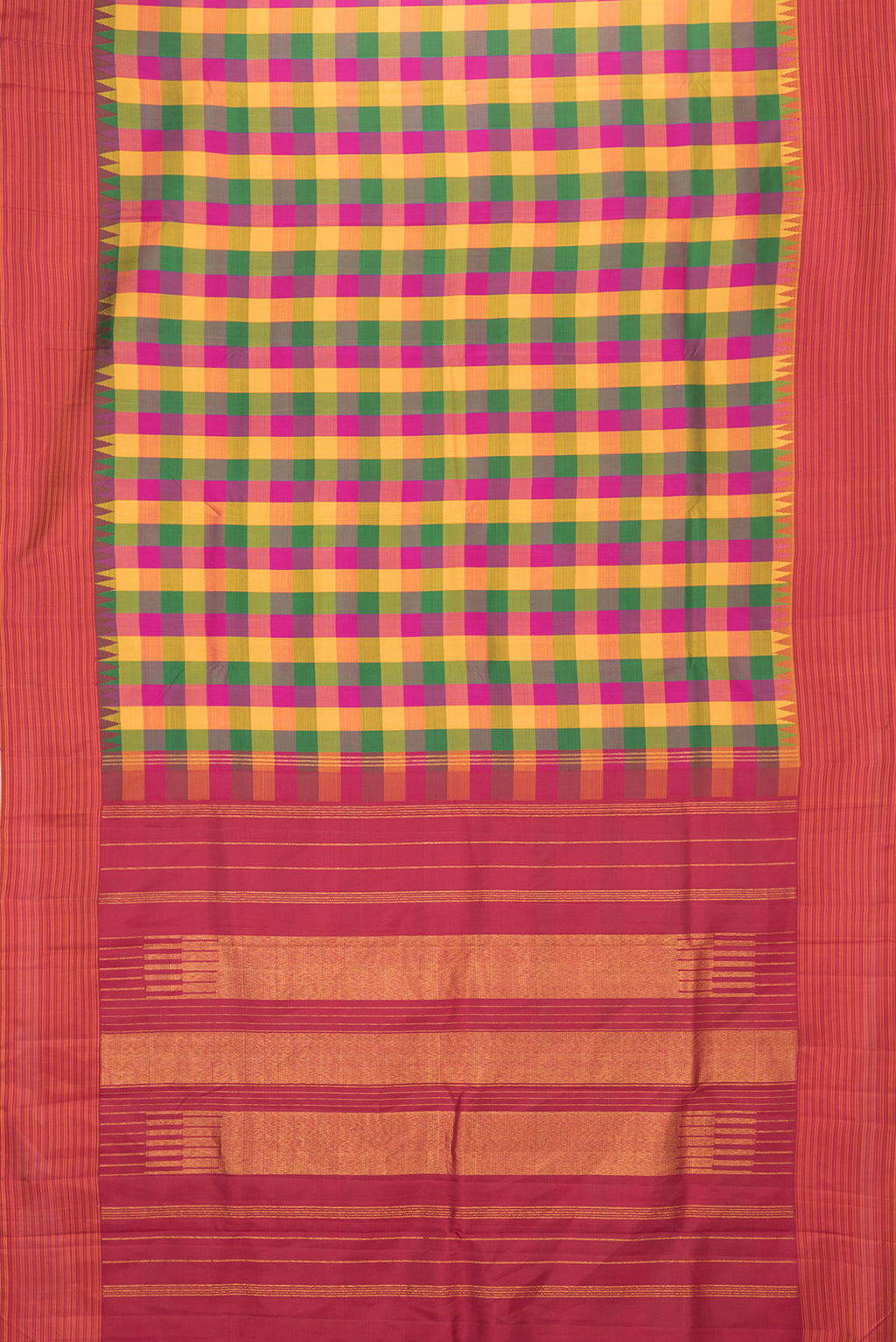 Flat view of Mustard, Green and Pink Color Kanchipuram Silk Saree with Checked design on the body and Thread Border. 