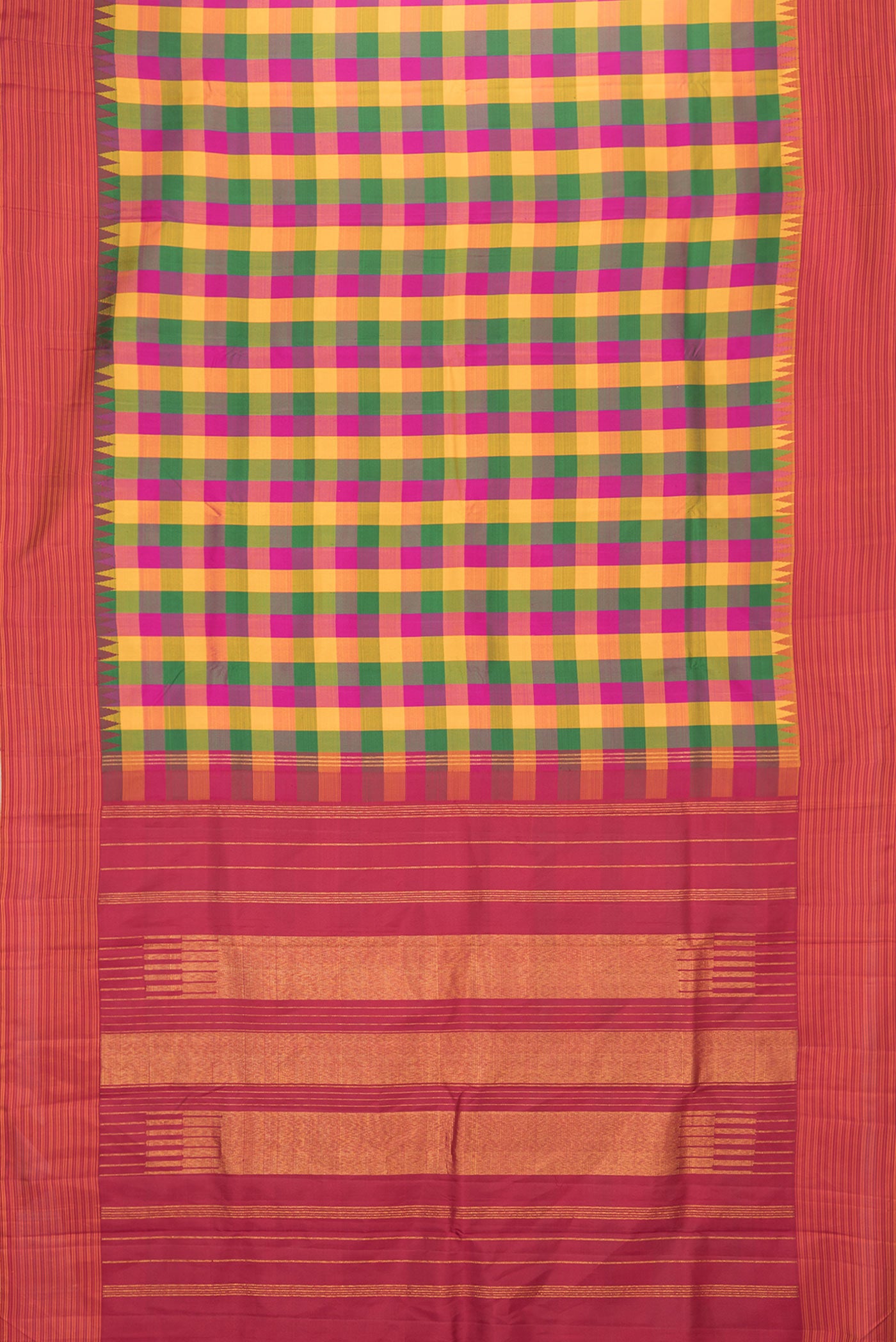 Flat view of Mustard, Green and Pink Color Kanchipuram Silk Saree with Checked design on the body and Thread Border. 
