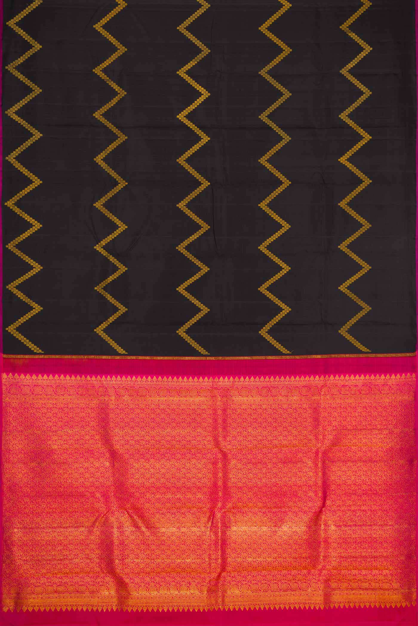 Flat view of Black Dual Tone Kanjivaram Silk Saree with Stripes on the body and Plain Border. 