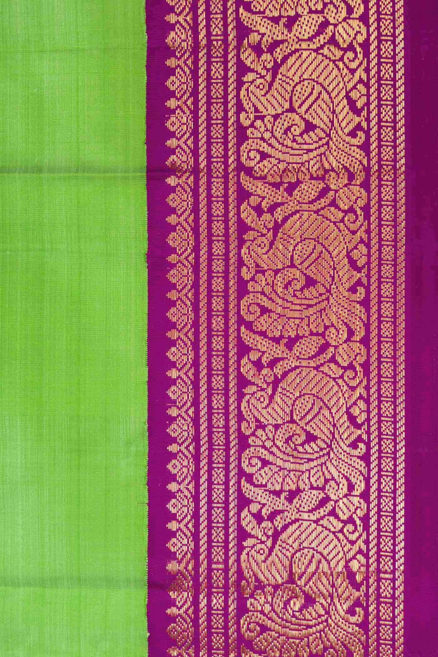 Border image of Pure Silk Pure Zari Parrot Green Dual Tone Kanjivaram Saree with Plain Body and Zari Border. 