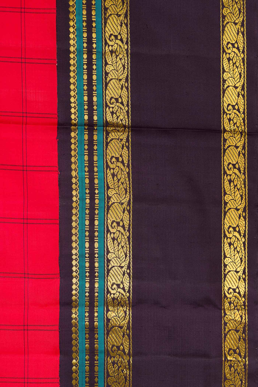 Border image of Red Dual Tone Kanjivaram Silk Saree with Checked design on the body and Zari Border. 
