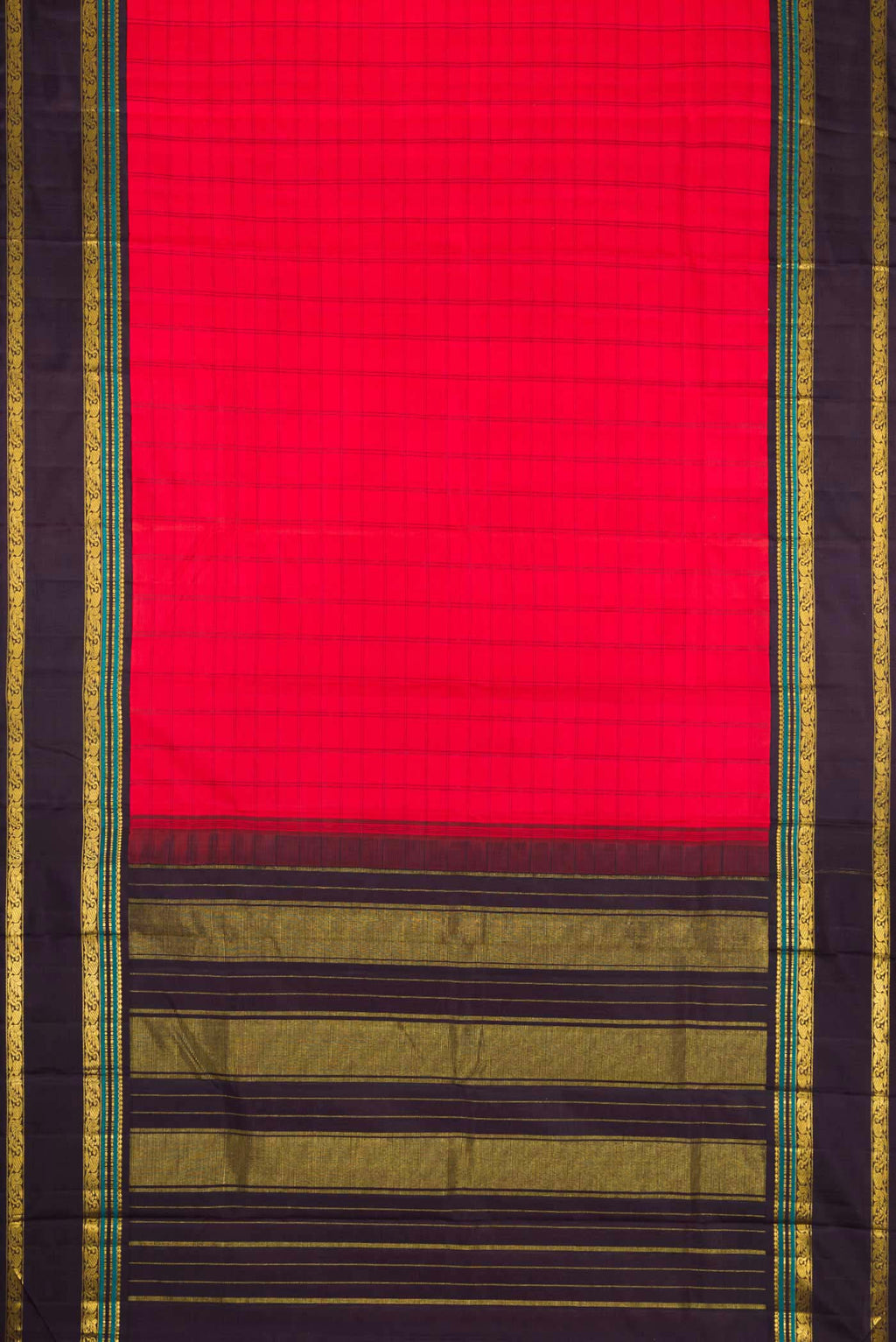 Flat view of Red Dual Tone Kanjivaram Silk Saree with Checked design on the body and Zari Border. 