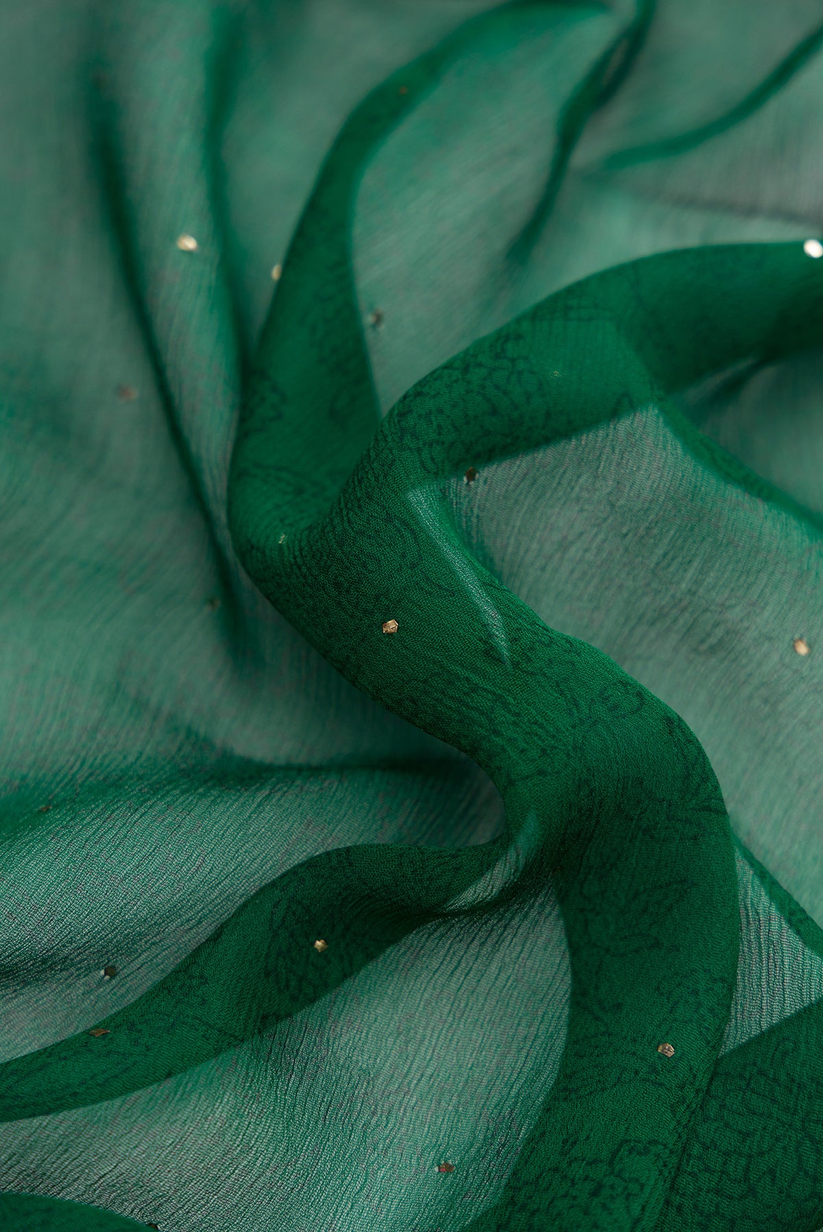 Close up of Bottle Green Chiffon Saree with Embroidery on the body and Thread Border.  displaying folds