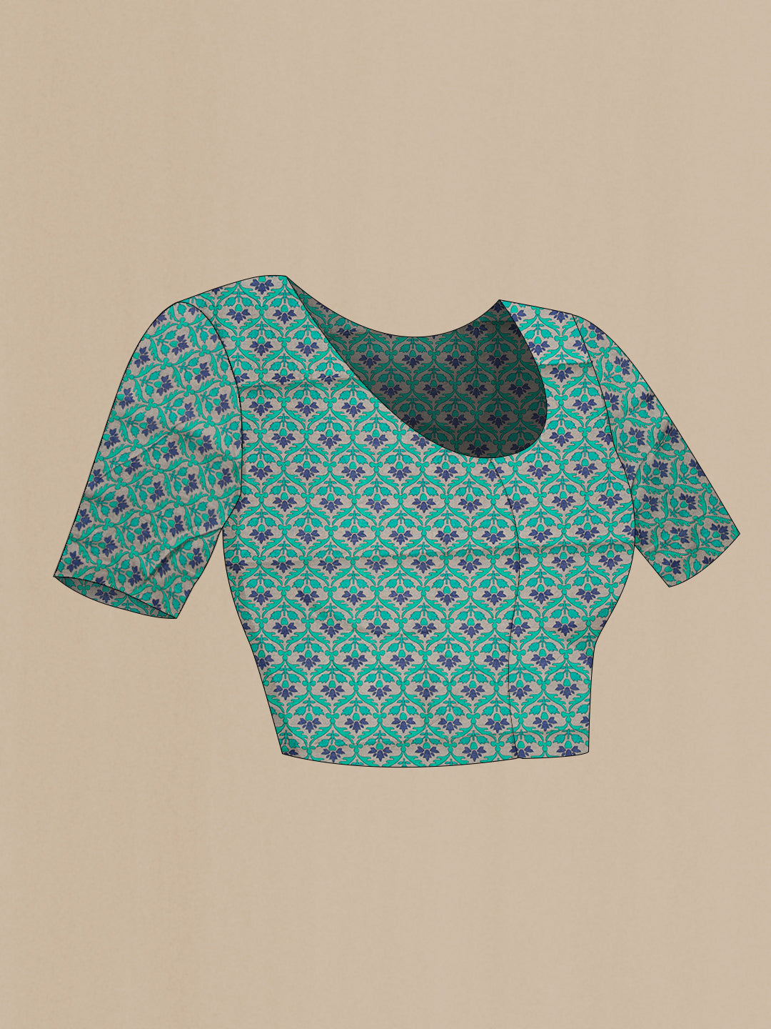 Close up image of the blouse of Navy Blue Dual Tone Chiffon Saree with Embroidery on the body and Embroidery Border. 