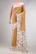Beige Dual Tone Kanchipuram Silk Saree with Stripes on the body and Printed Border displayed on a mannequin