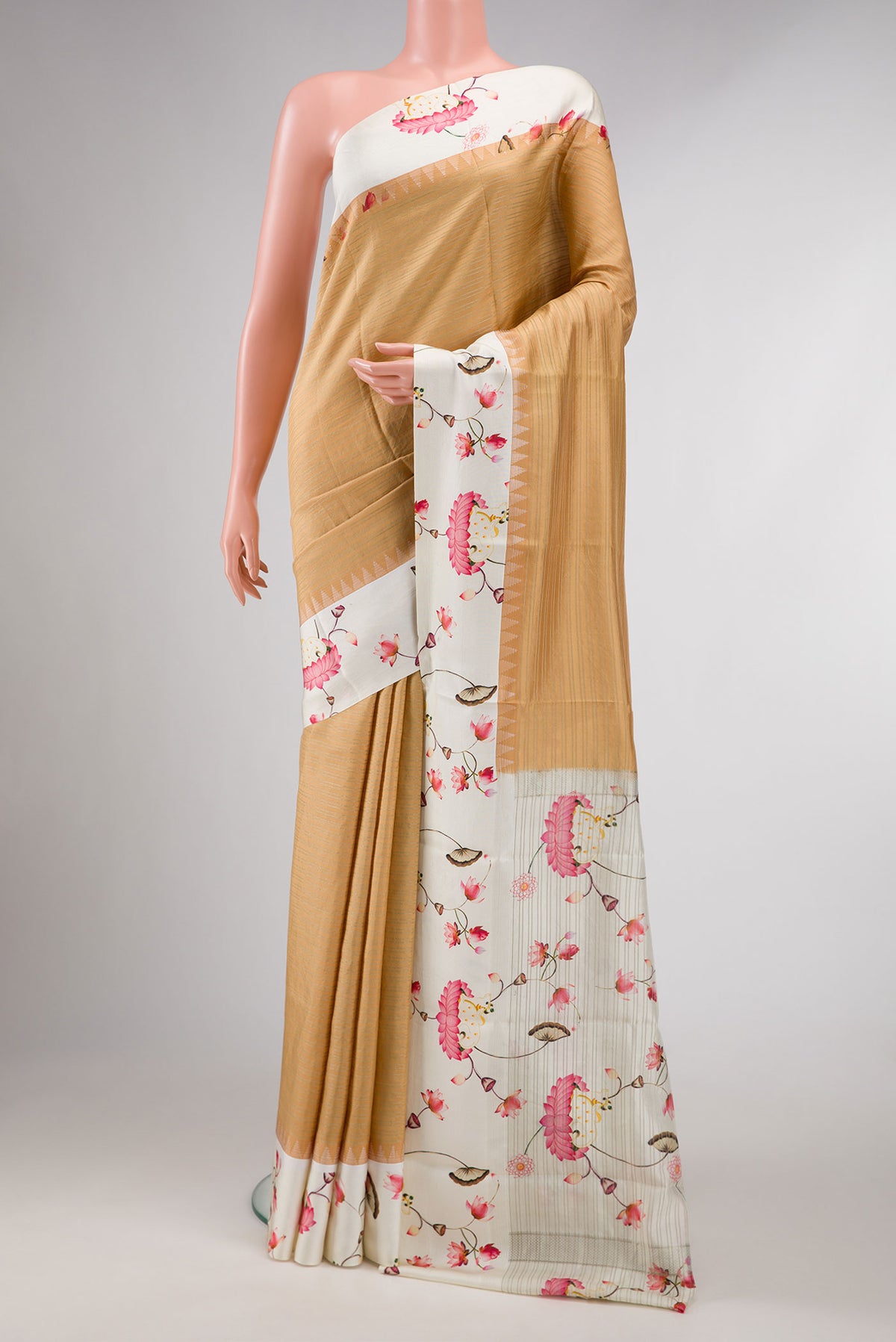 Beige Dual Tone Kanchipuram Silk Saree with Stripes on the body and Printed Border displayed on a mannequin