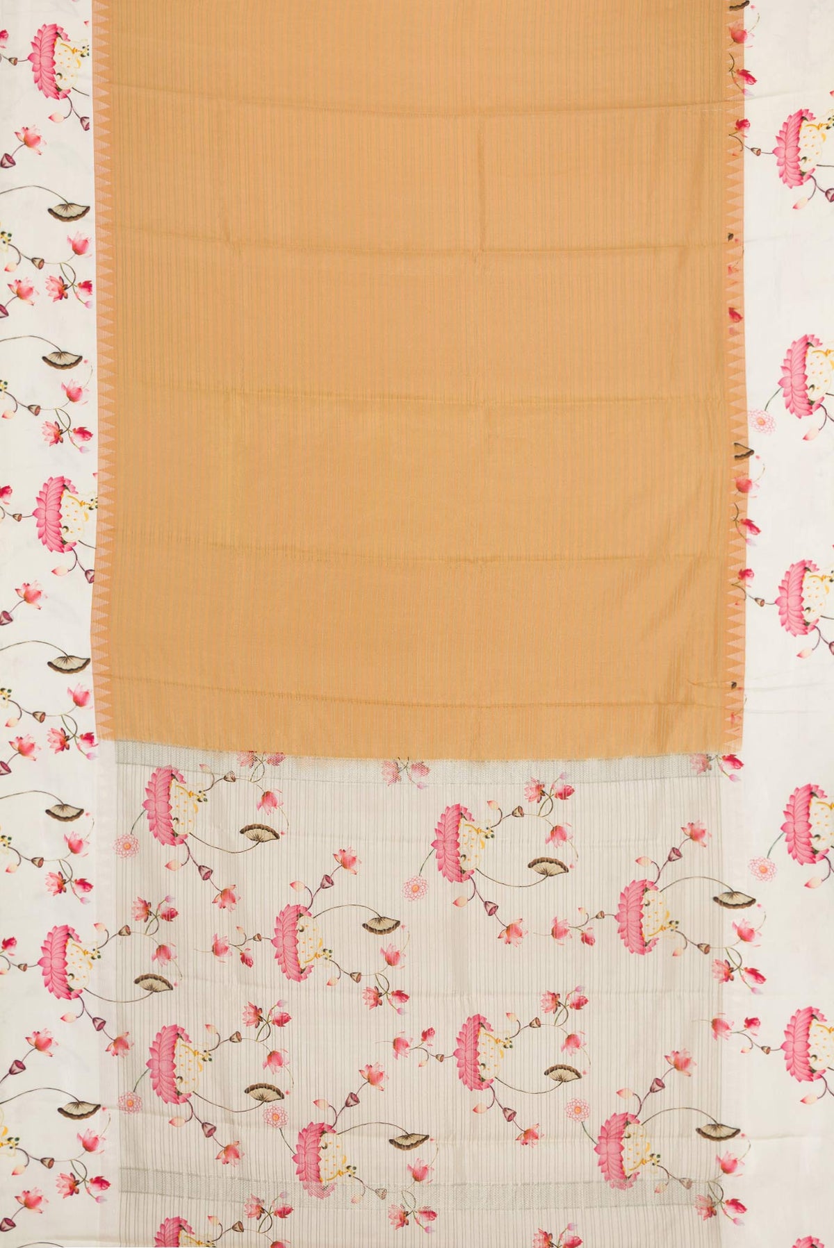 Flat view of Beige Dual Tone Kanchipuram Silk Saree with Stripes on the body and Printed Border