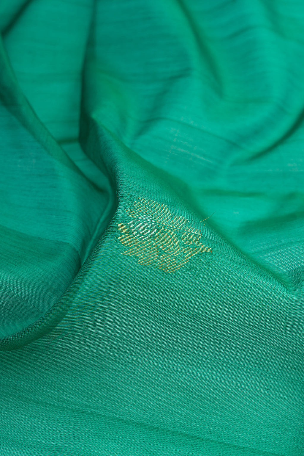 Close up of Green Silk Cotton Saree with Zari Butta on the body and Zari Border.  displaying folds