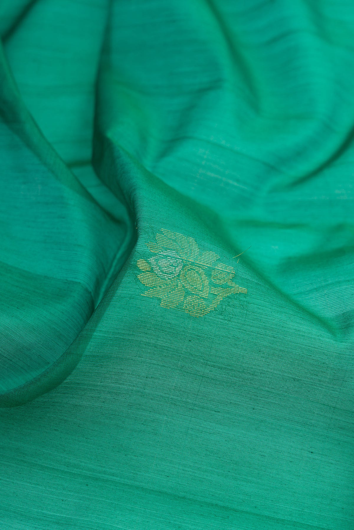 Close up of Green Silk Cotton Saree with Zari Butta on the body and Zari Border.  displaying folds