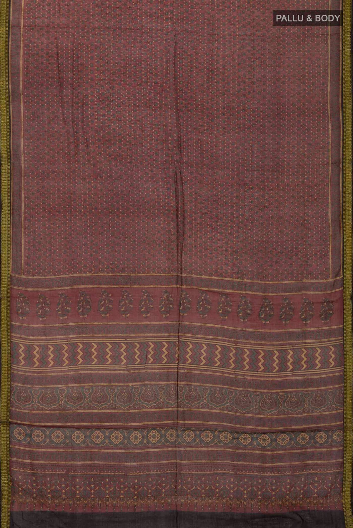 Flat view of Rust Chanderi Silk Cotton SareePrinted design on the body and Zari Border