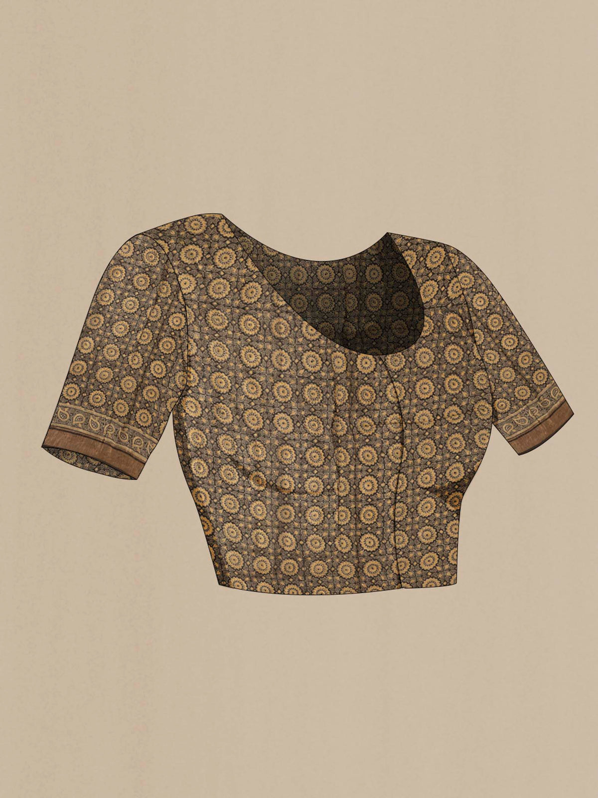 Close up image of the blouse of Green Linen Cotton SareePrinted design on the body and Zari Border