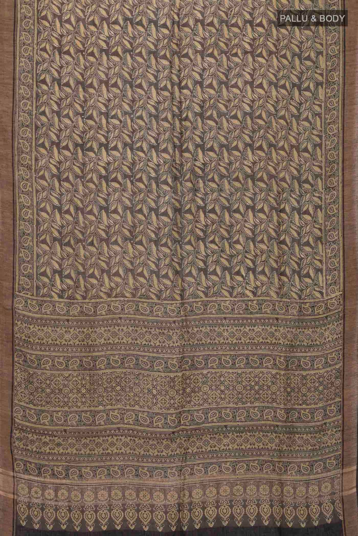 Flat view of Green Linen Cotton SareePrinted design on the body and Zari Border