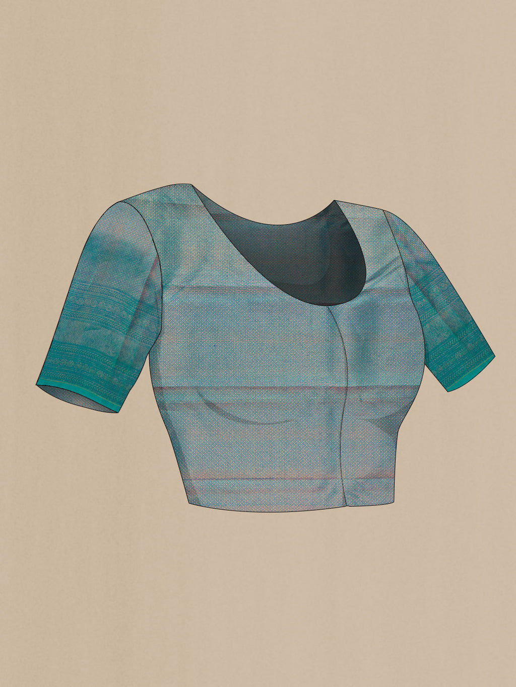 Close up image of the blouse of Peacock Blue Dual Tone Kanjivaram Silk Saree with Zari Brocade on the body and Zari Border. 