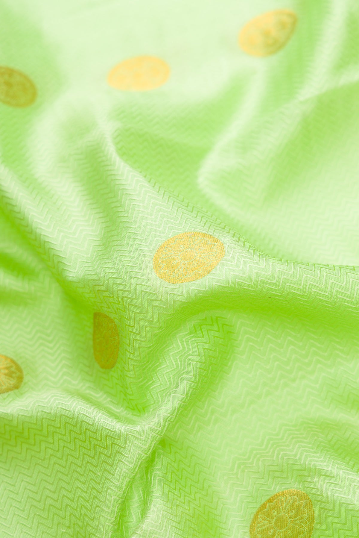 Close up of Parrot Green Dual Tone Kanjivaram Silk Saree with Jacquard With Zari Butta on the body and Fancy Border.  displaying folds