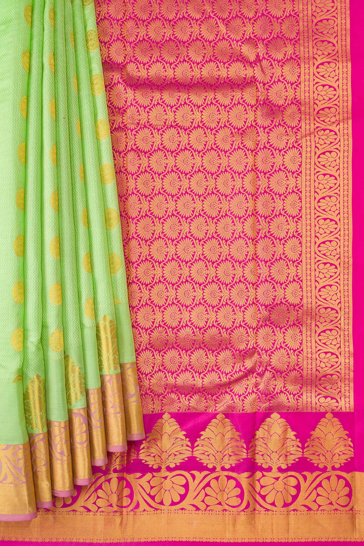 Pleats and pallu of Parrot Green Dual Tone Kanjivaram Silk Saree with Jacquard With Zari Butta on the body and Fancy Border. 