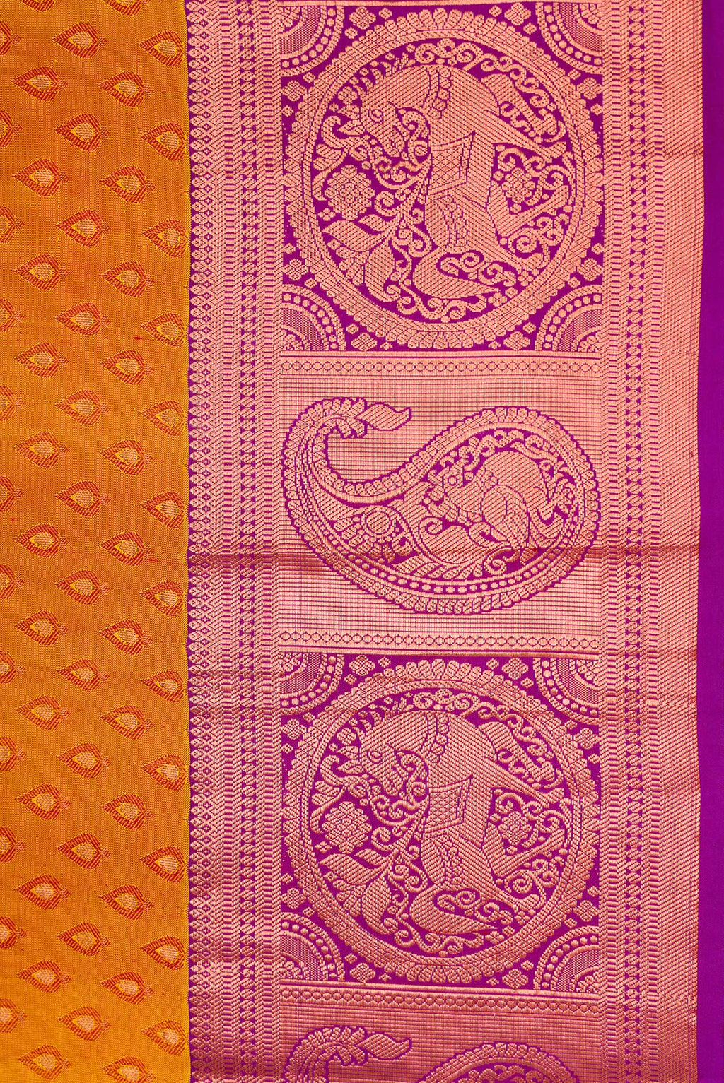 Border image of Mustard Dual Tone Kanjivaram Silk Saree with Jacquard design on the body and Zari Border. 