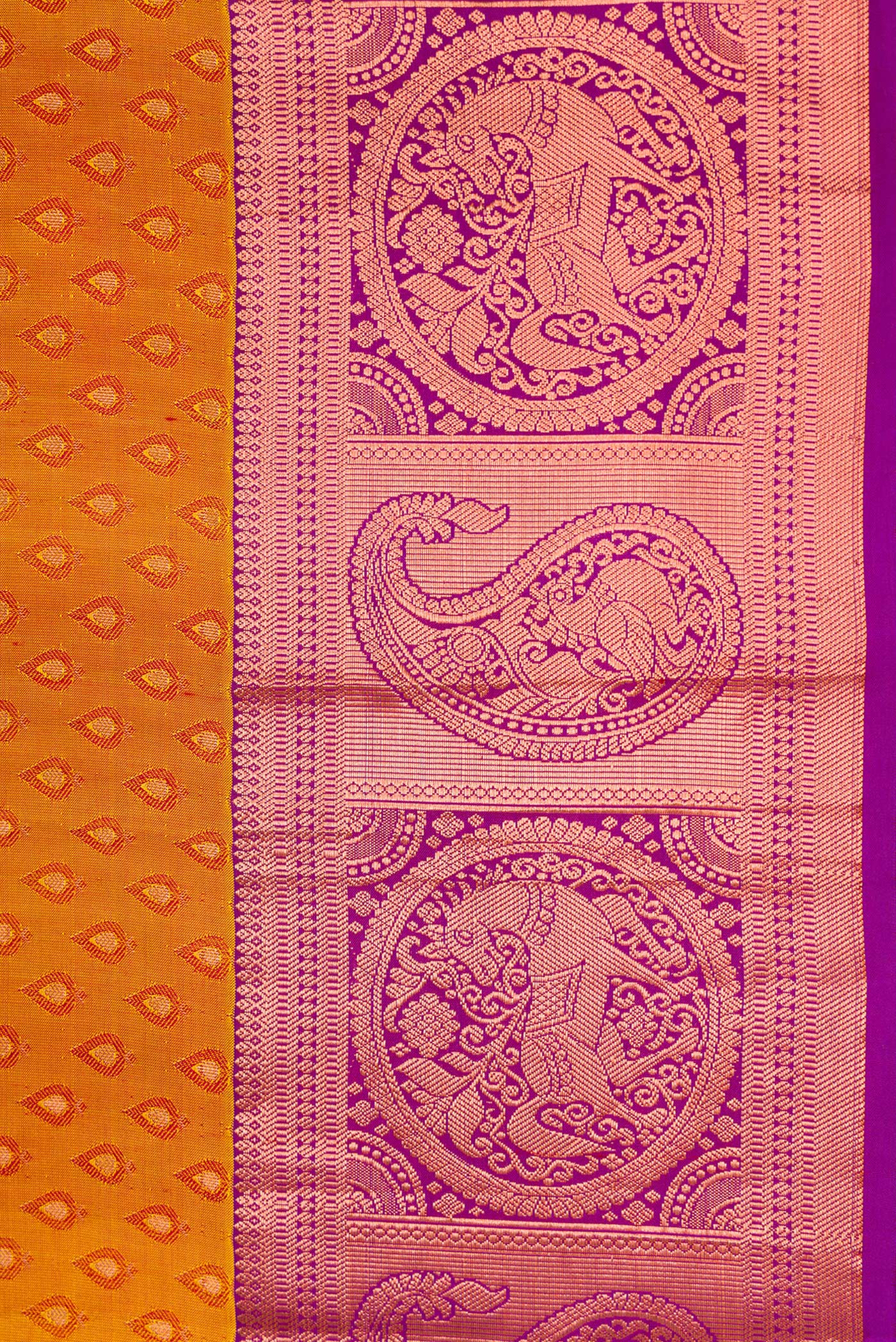 Border image of Mustard Dual Tone Kanjivaram Silk Saree with Jacquard design on the body and Zari Border. 