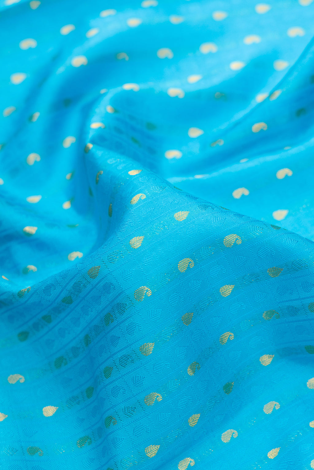 Close up of Sky Blue Dual Tone Kanjivaram Silk Saree with Jacquard With Zari Butta on the body and Fancy Border.  displaying folds