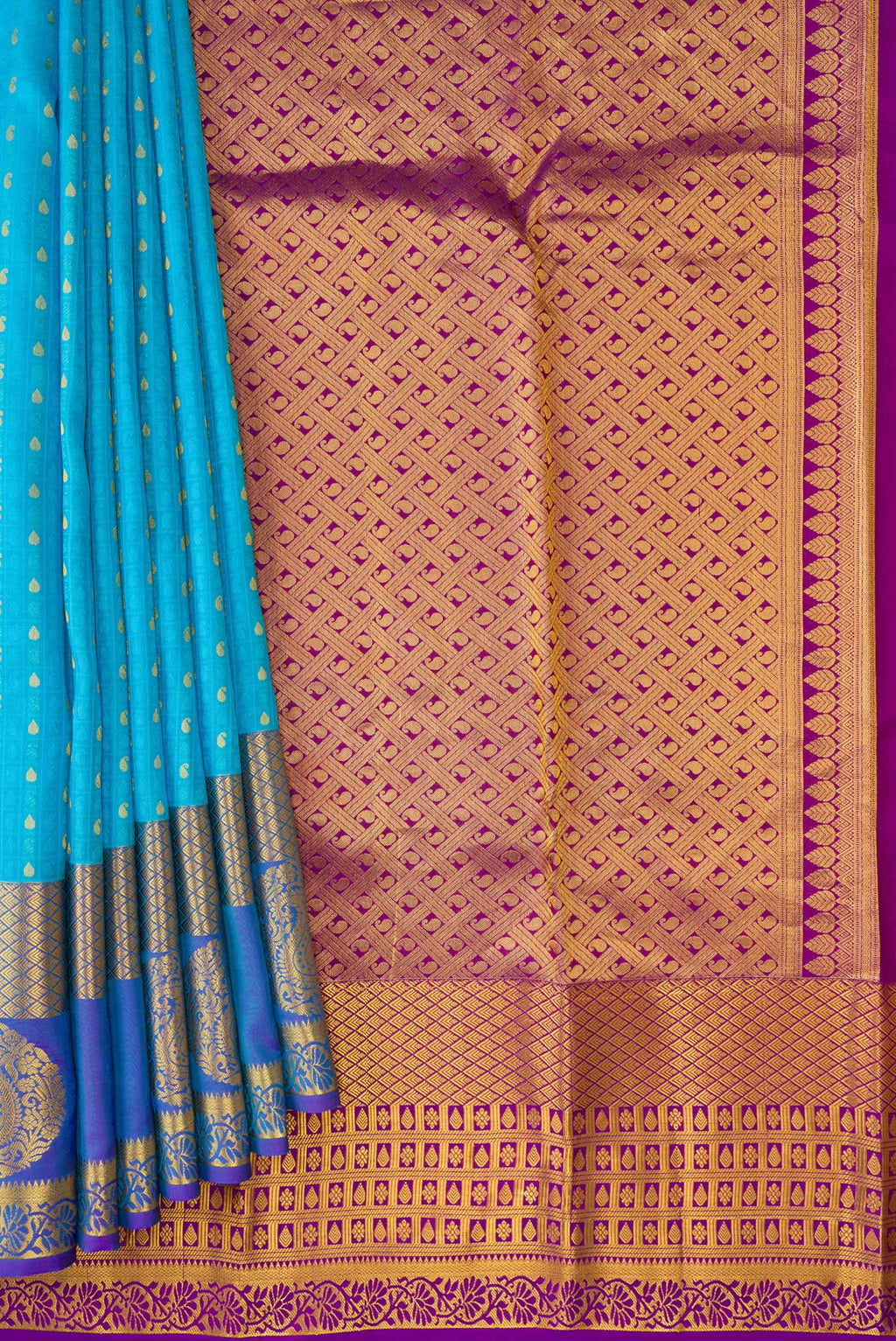 Pleats and pallu of Sky Blue Dual Tone Kanjivaram Silk Saree with Jacquard With Zari Butta on the body and Fancy Border. 