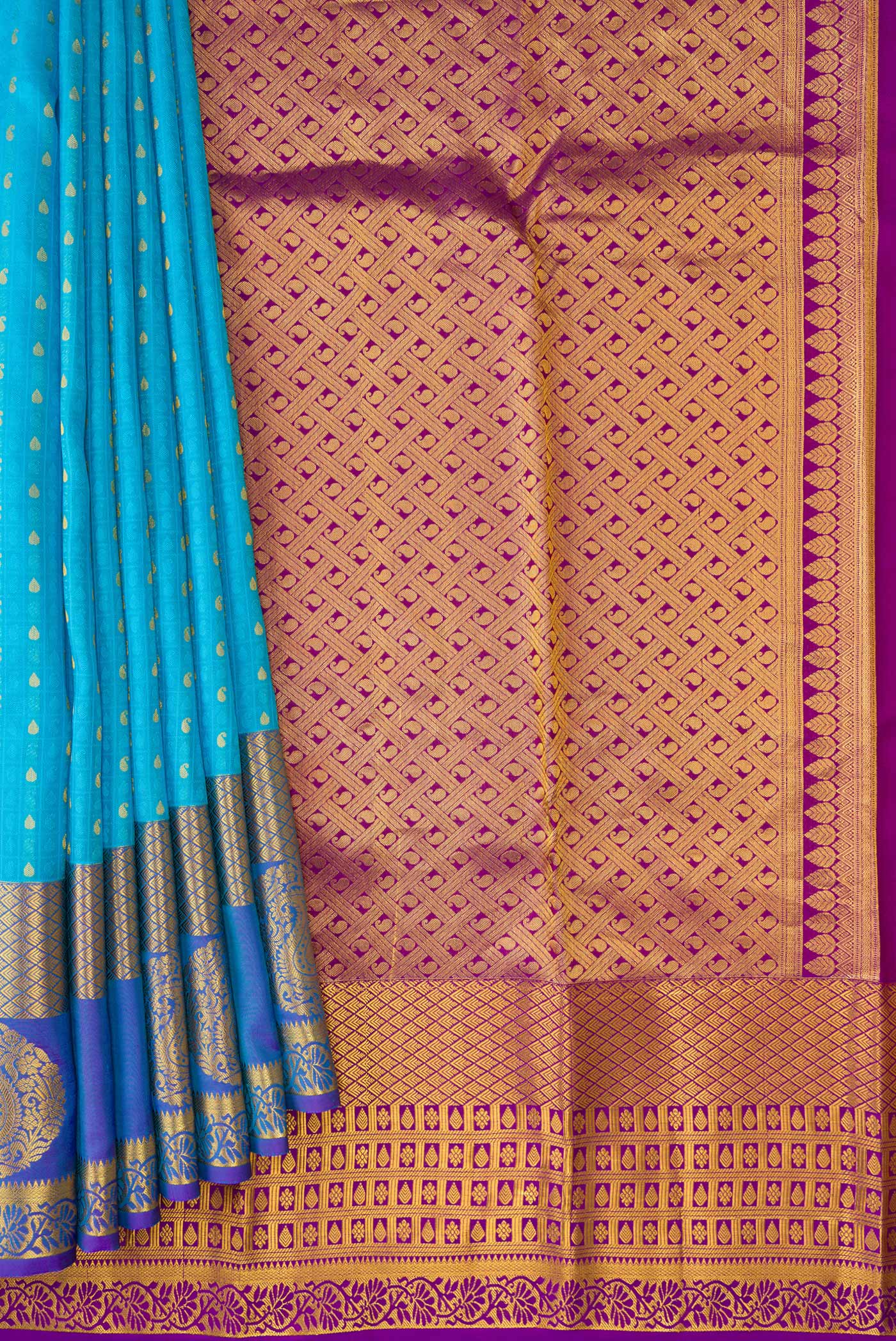 Pleats and pallu of Sky Blue Dual Tone Kanjivaram Silk Saree with Jacquard With Zari Butta on the body and Fancy Border. 