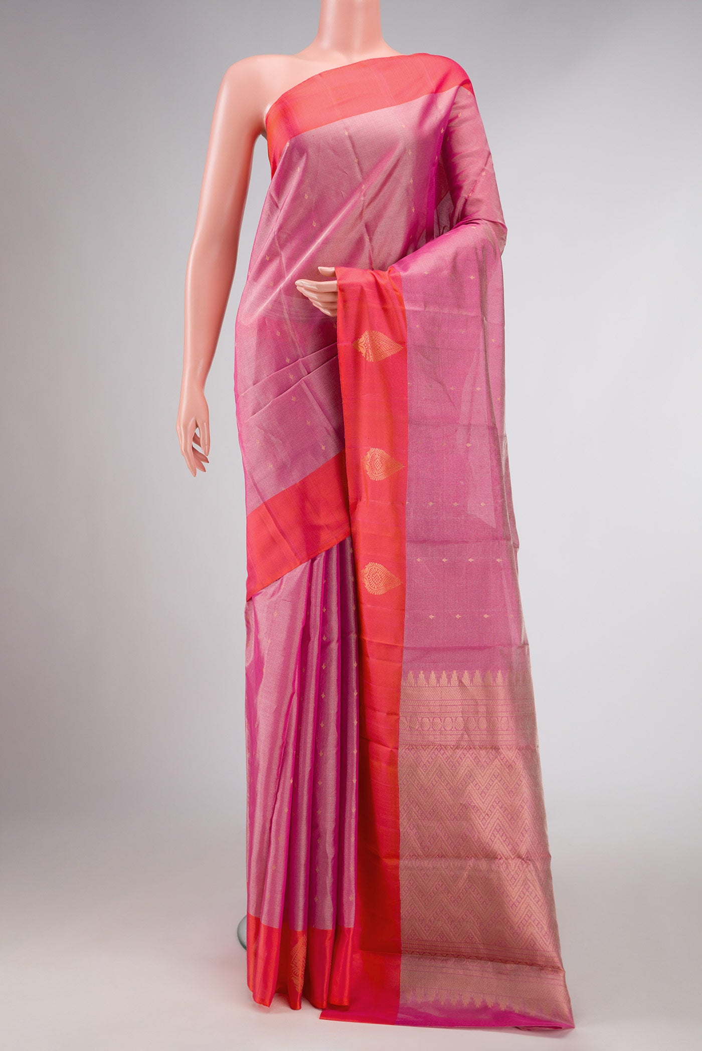 Pink Dual Tone Kanchipuram Tissue Silk Saree with Zari Brocade on the body and Plain Border displayed on a mannequin