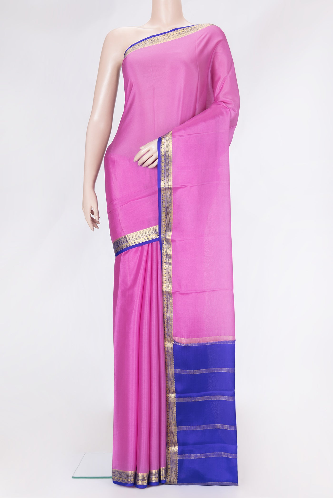 Pink Dual Tone Mysore Silk Saree with Plain Body and Zari Border.  displayed on a mannequin