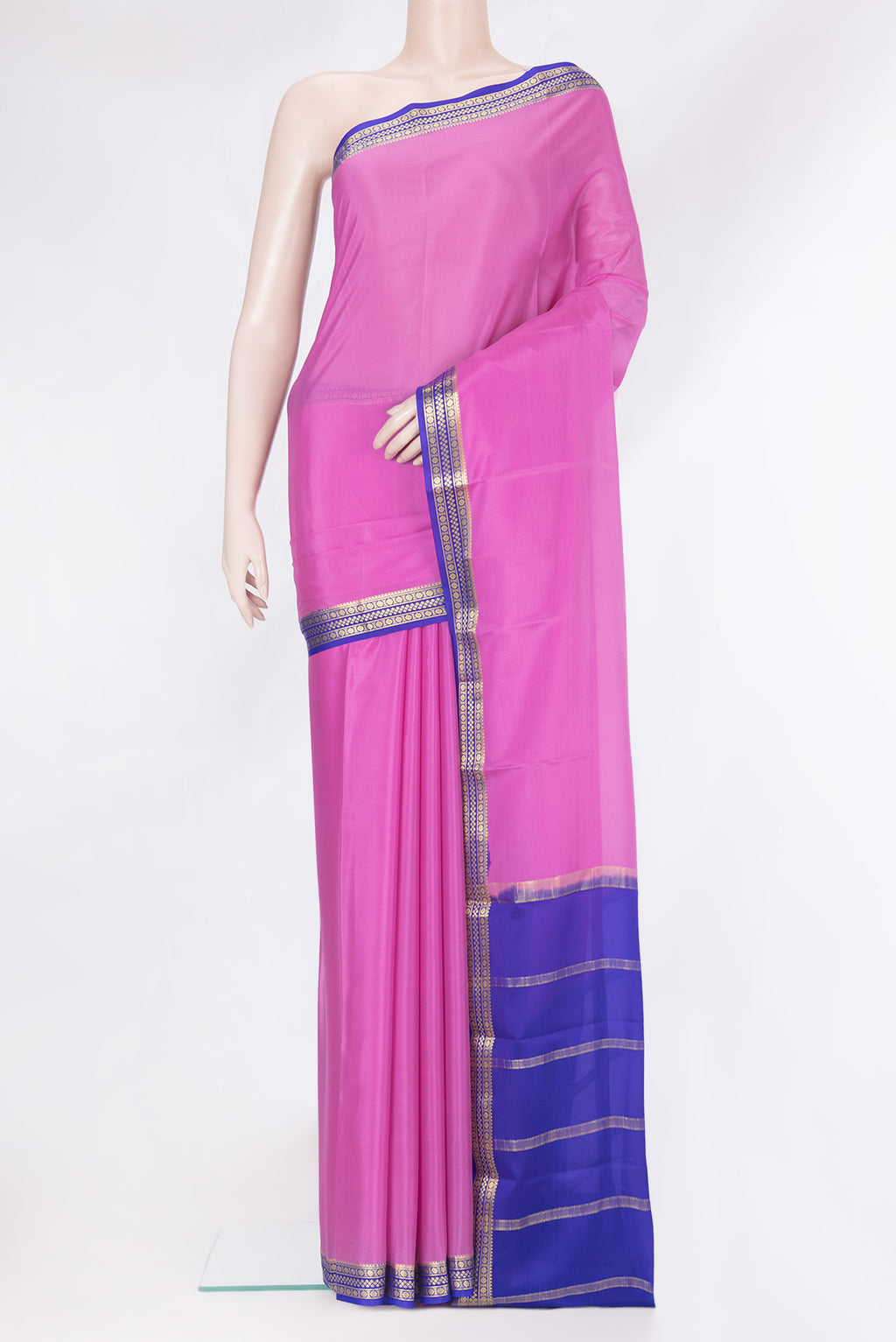 Pink Mysore Silk Saree with Plain Body and Zari Border.  displayed on a mannequin