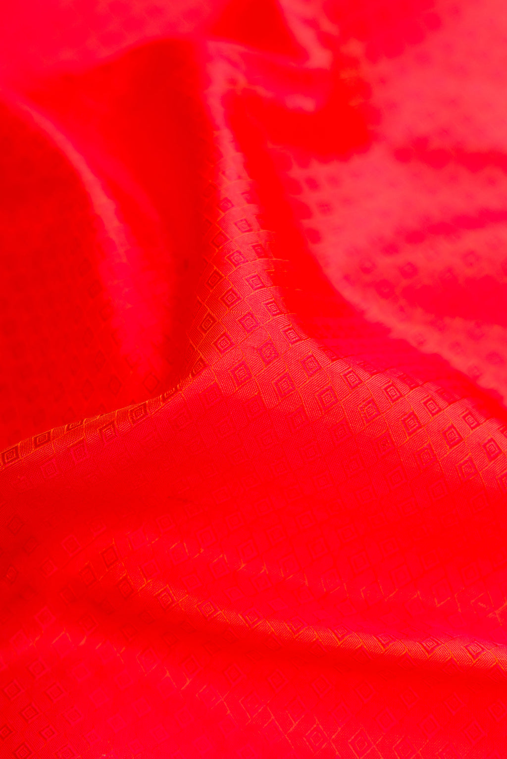 Close up of Orange Dual Tone Kanchipuram Silk Saree with Jacquard design on the body and Zari And Thread Border.  displaying folds