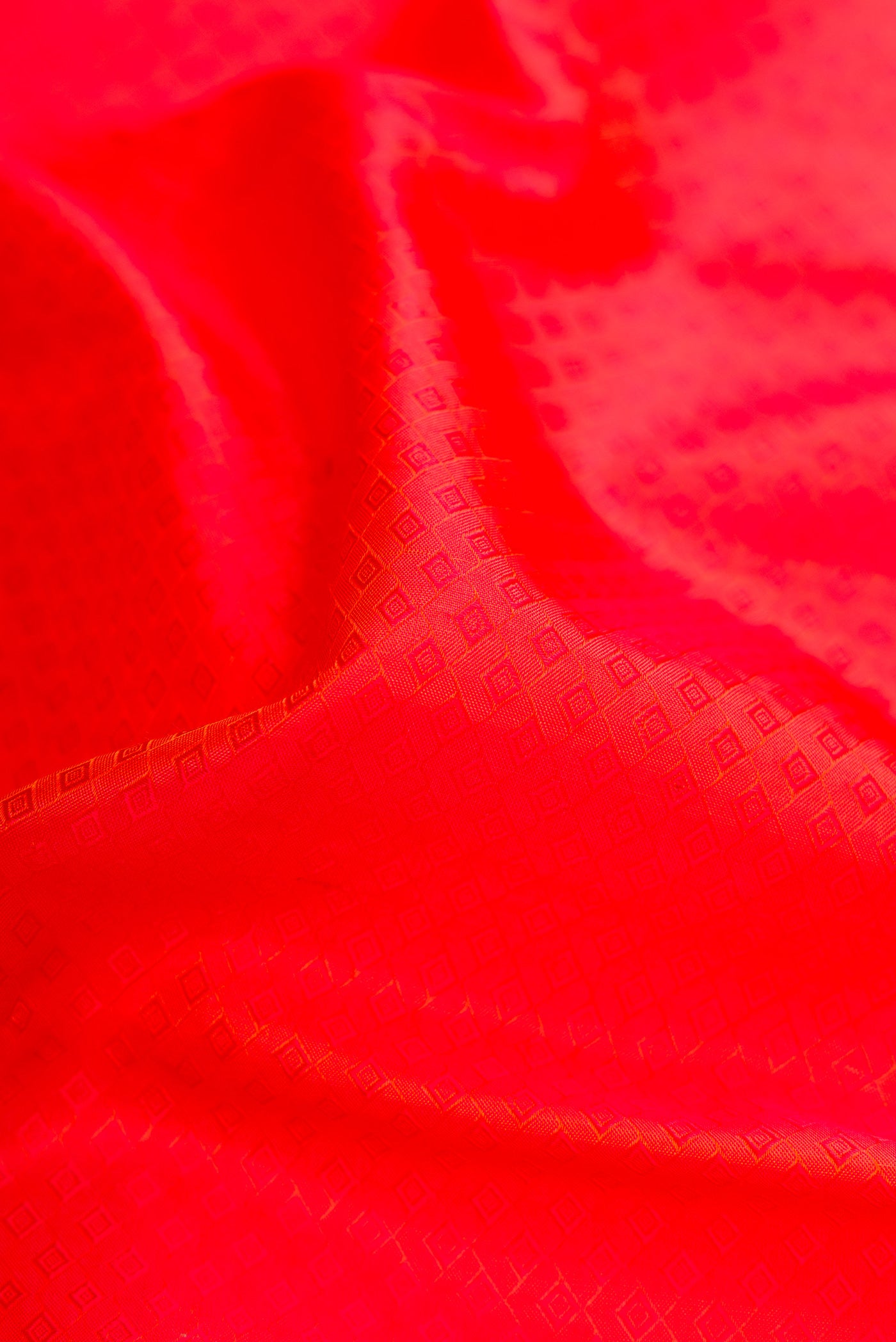 Close up of Orange Dual Tone Kanchipuram Silk Saree with Jacquard design on the body and Zari And Thread Border.  displaying folds