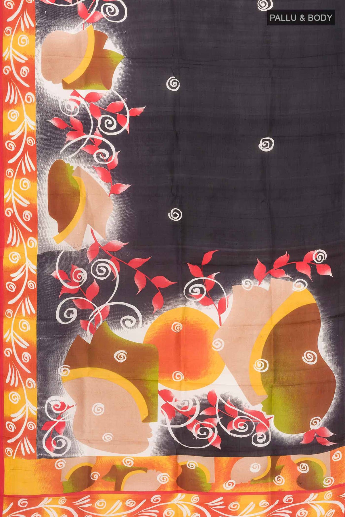 Flat view of Black Printed Silk Saree with Plain Body and Printed Border