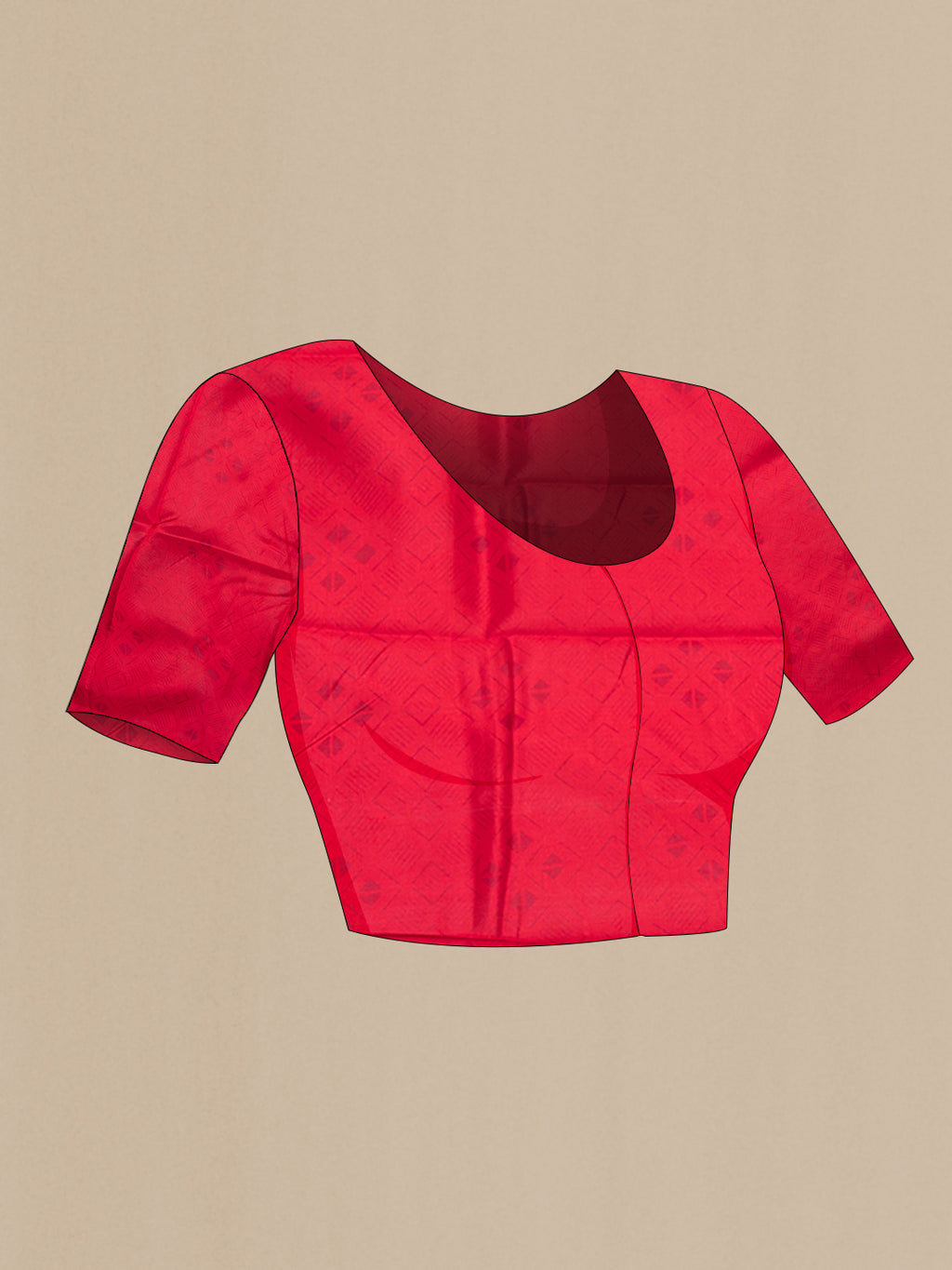 Close up image of the blouse of Red Printed Silk Saree with Printed design on the body and Fancy Border. 