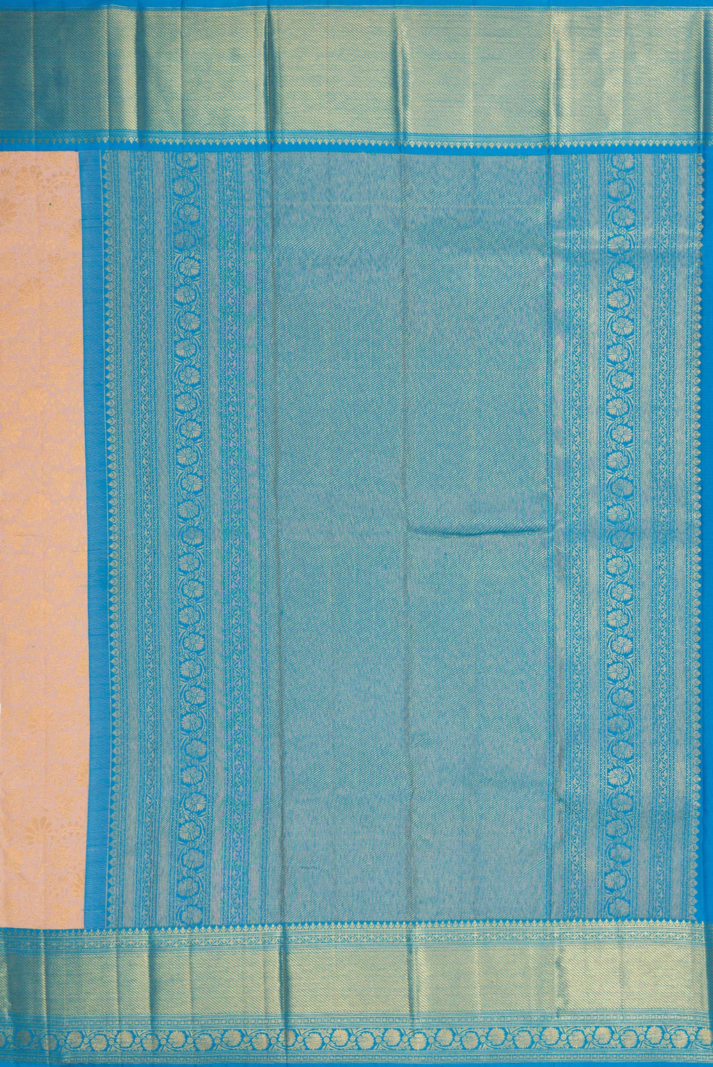 Close up image of the pallu of Rose Gold Dual Tone Kanjivaram Silk Saree with Zari Brocade on the body and Zari Border. 